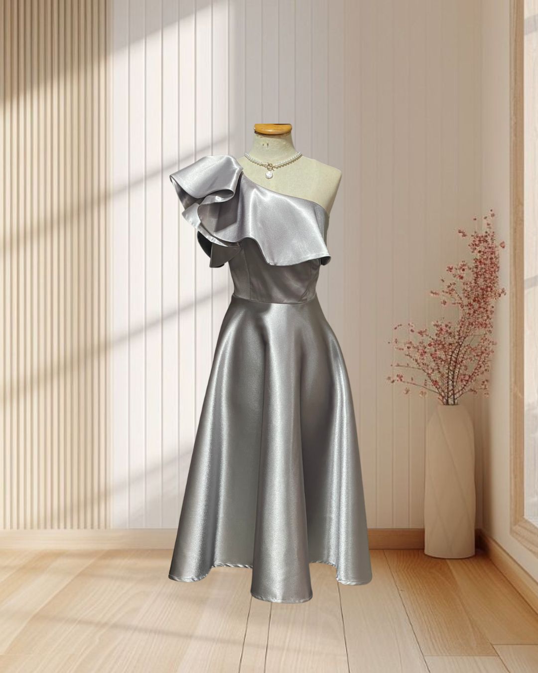 (PRE-LOVED) ราตรีสั้นสีเงินบ่าเฉียงระบายกระโปรงบาน (S)