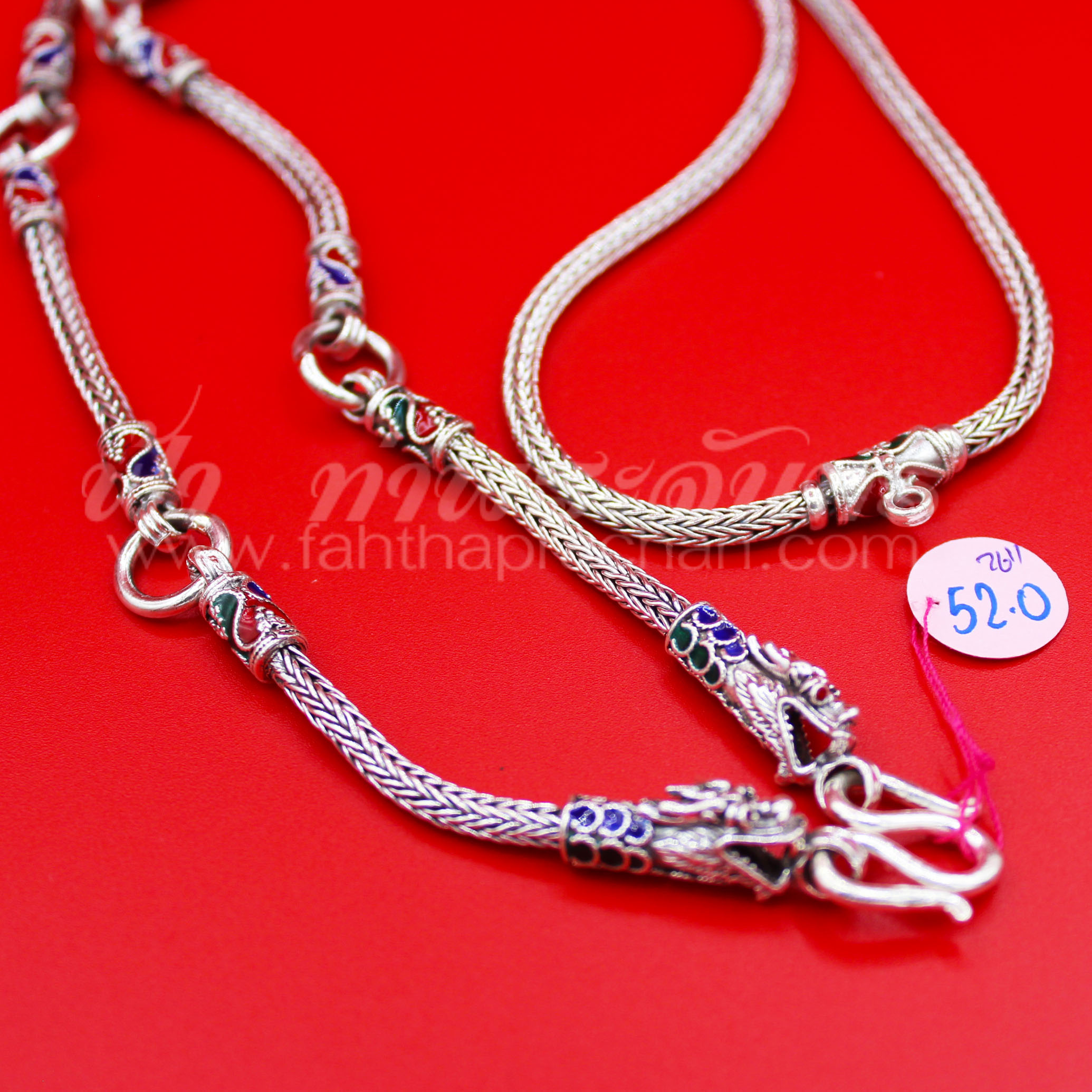 สร้อยคอเงินแท้ 92.5 ลายหกเสา หัวมังกรลงยา รมดำ แบบ 5 ห่วง มีห่วงหลัง