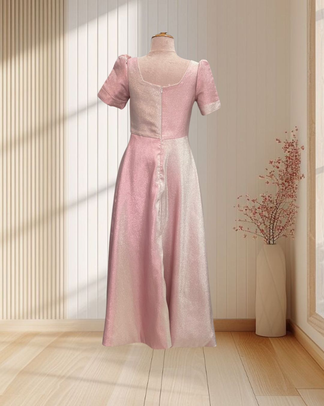 (PRE-LOVE) ราตรียาวสีชมพูกลิตเตอร์กระโปรงบาน M