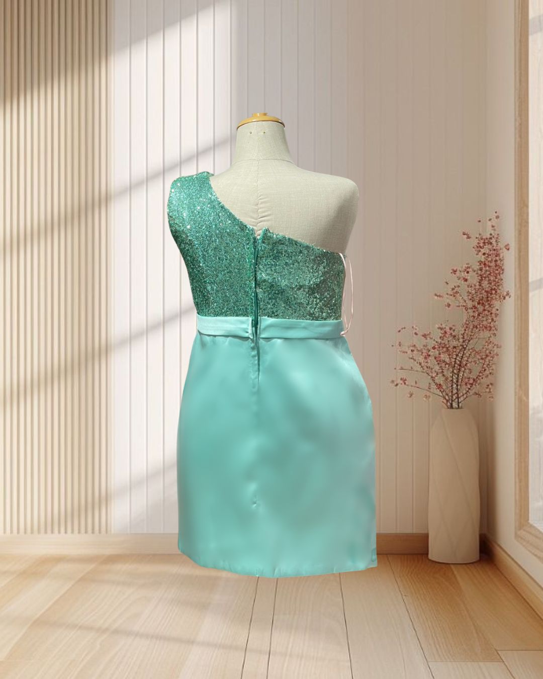 (PRE-LOVED) ราตรีสั้นสีเขียวมิ้นท์ ปักเลื่อมบ่าเฉียง ไซส์ 2XL