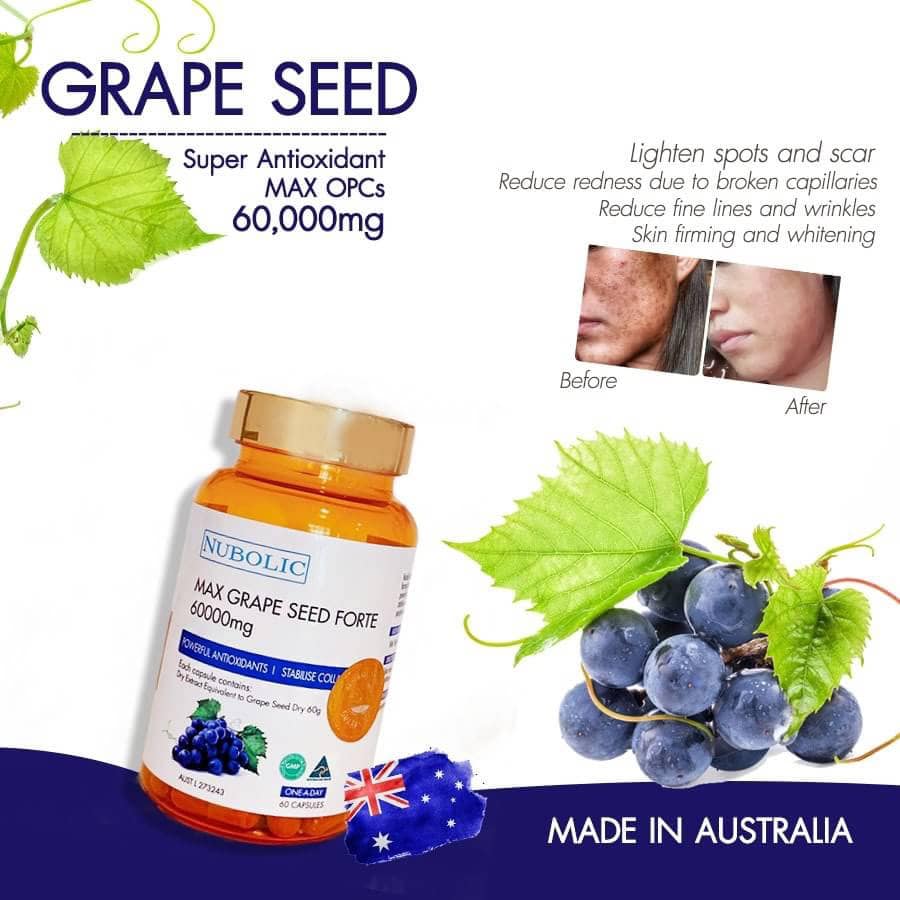 nubolicgrapeseed สารสกัดจากเมล็ดองุ่น 60,000mg. "ผิวใสออร่า ไม่ต้องพึ่งกลูตา แถมผิวอมชมพู" แพคเก็จใหม่
