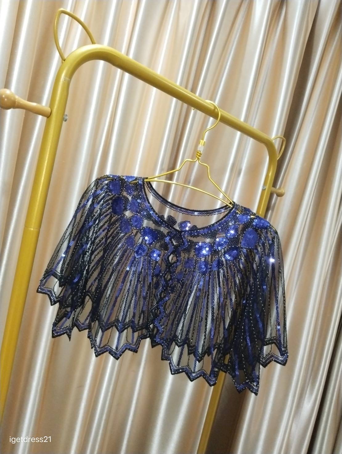เสื้อคลุมไหล่ประดับเลื่อมหรูหราสีน้ำเงิน
