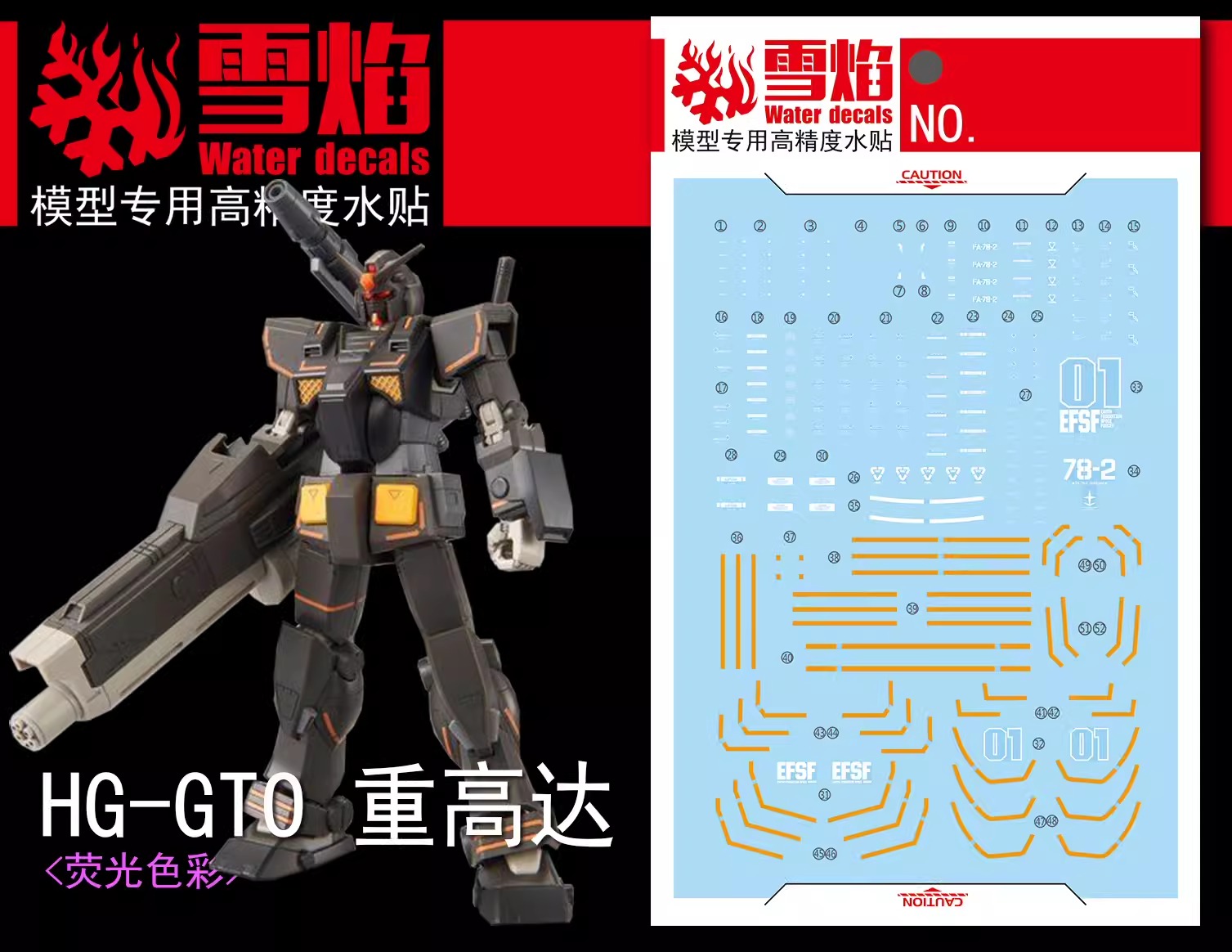 ดีคอลน้ำ HGGTO FA-78-2 HEAVY GUNDAM 021 HG-25 Water Decal Fluorescent color สติ๊กเกอร์น้ำสะท้อนแสงเมื่อส่องด้วย UV Blacklight