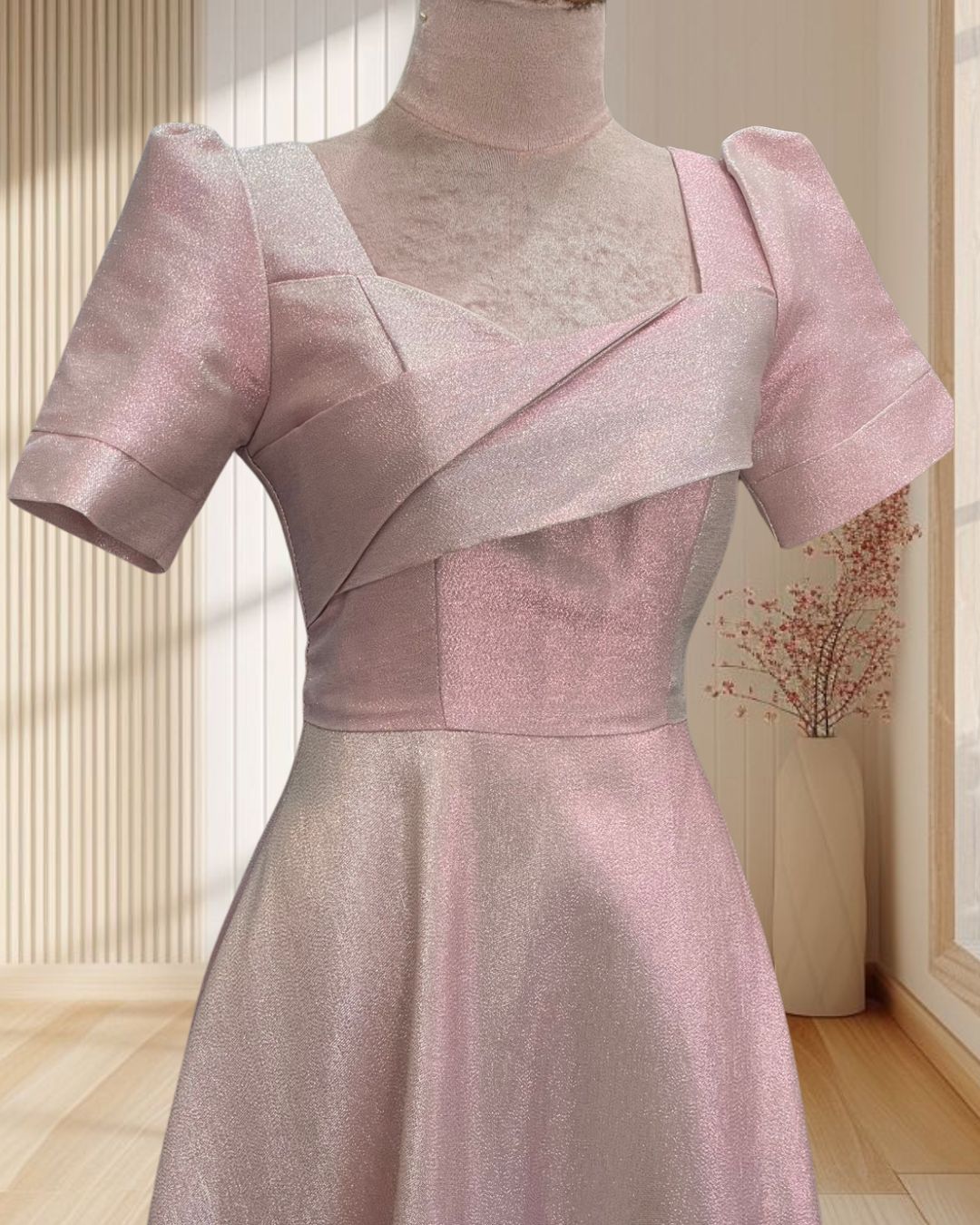 (PRE-LOVE) ราตรียาวสีชมพูกลิตเตอร์กระโปรงบาน M