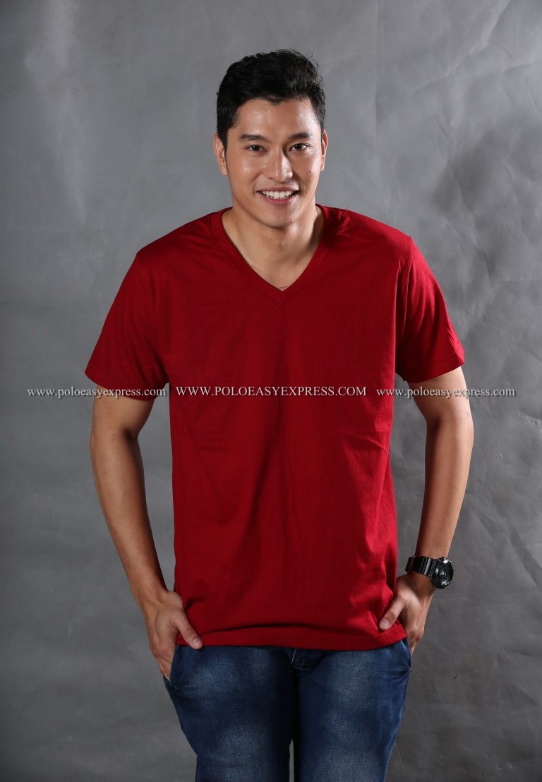 3XL เสื้อยืด สีเลือดหมู คอวี แขนสั้น Size 3XL
