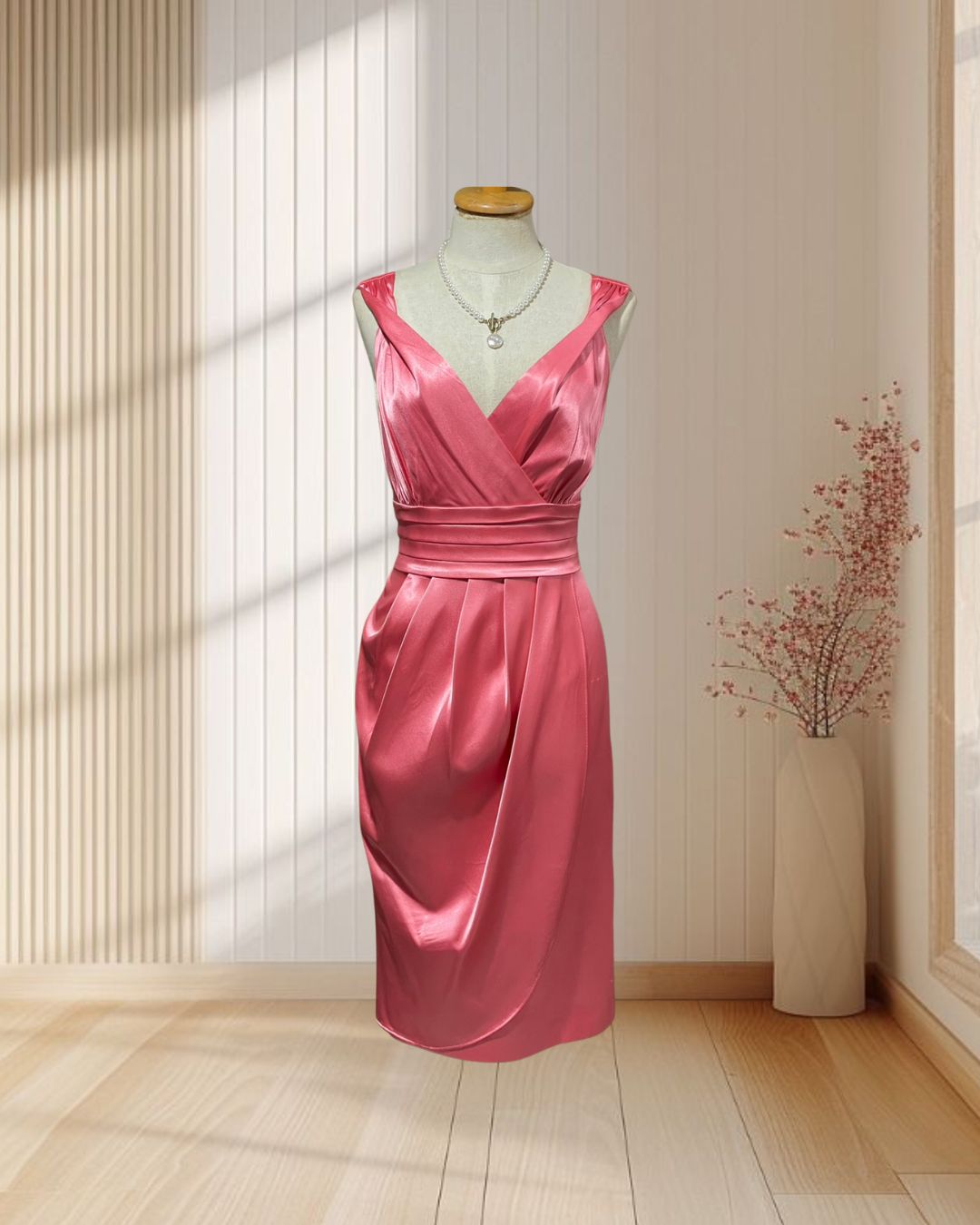 (PRE-LOVED) ชุดราตรีสั้นสีชมพู แขนกุดคอวี ผ้าเงา ไซส์ L