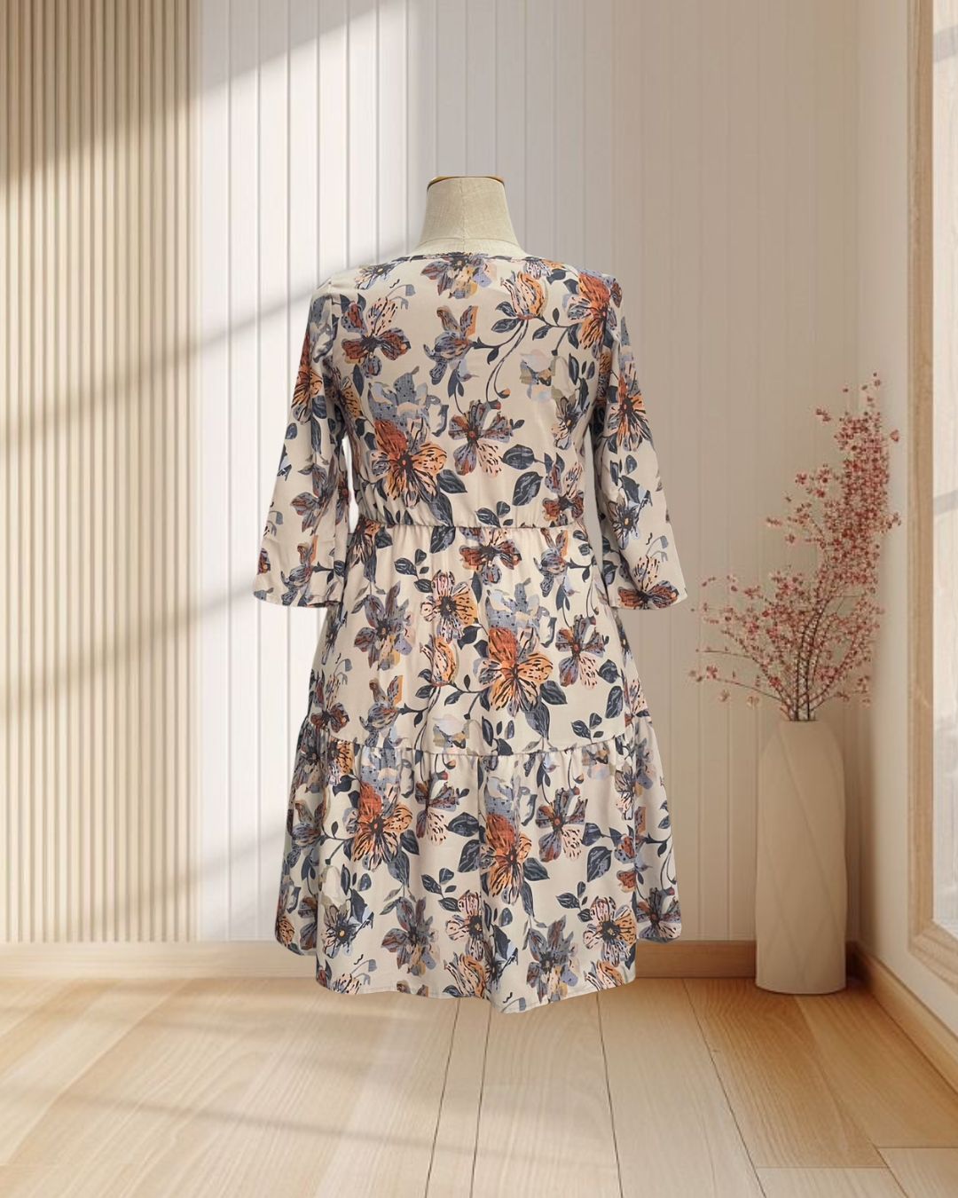 เดรสสั้นสีโอวัลติน ลายดอกไม้วินเทจ แขนยาว กระโปรงจั๊มพ์ ไซส์ 2XL