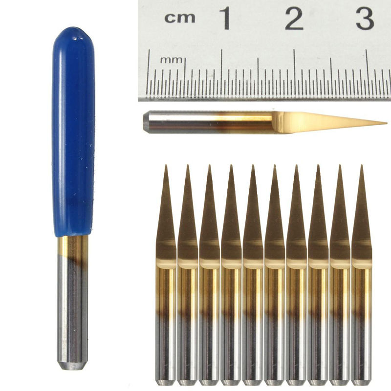 ดอกเอ็นเกรฟวิ่ง 10 องศา ปลาย 0.1 mm เคลือบไทเทเนียม 10 Pcs Titanium Coated Carbide Engraving tool, PCB Bit, Router Tool