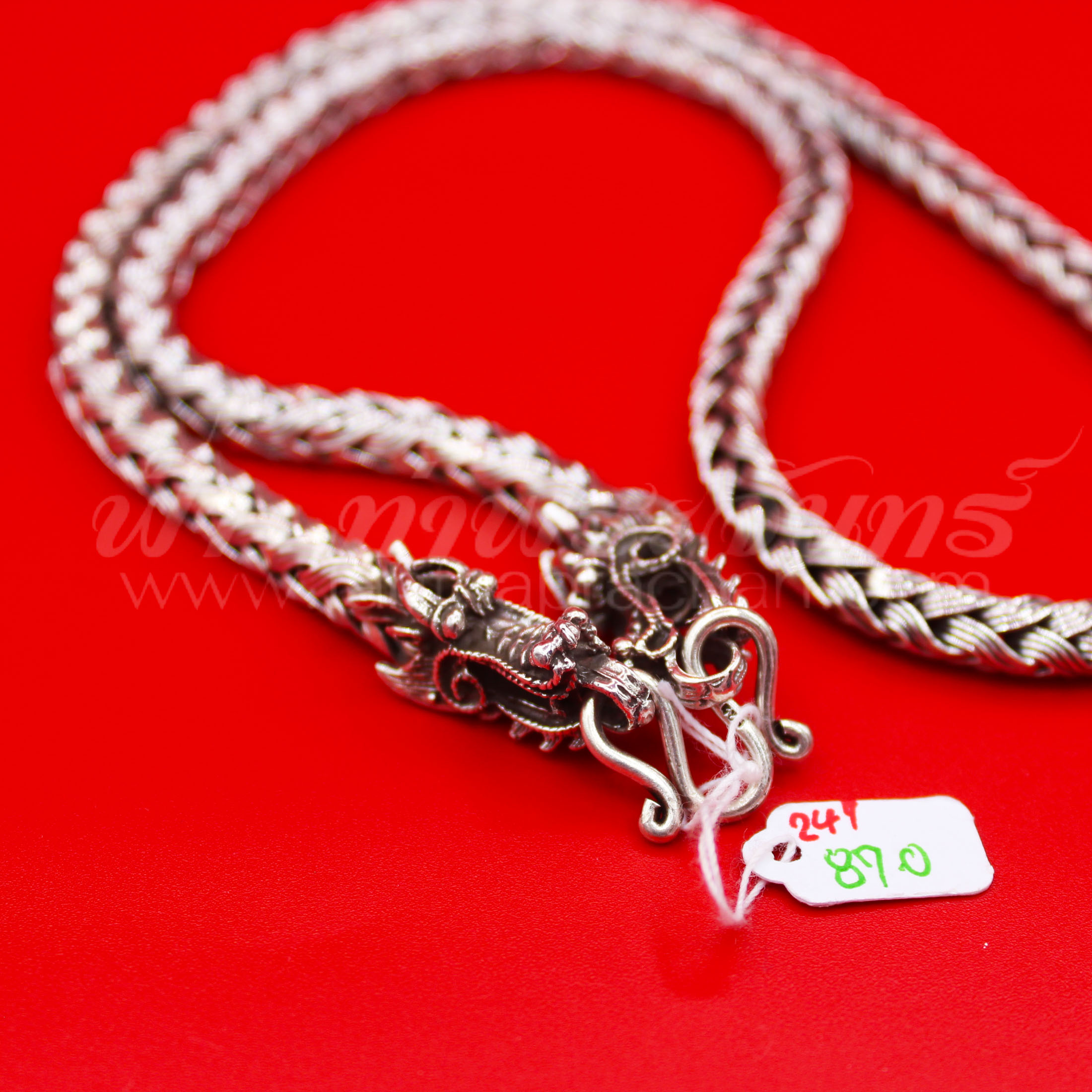 สร้อยคอเงินแท้ 92.5 ลายเปีย หัวมังกร รมดำ