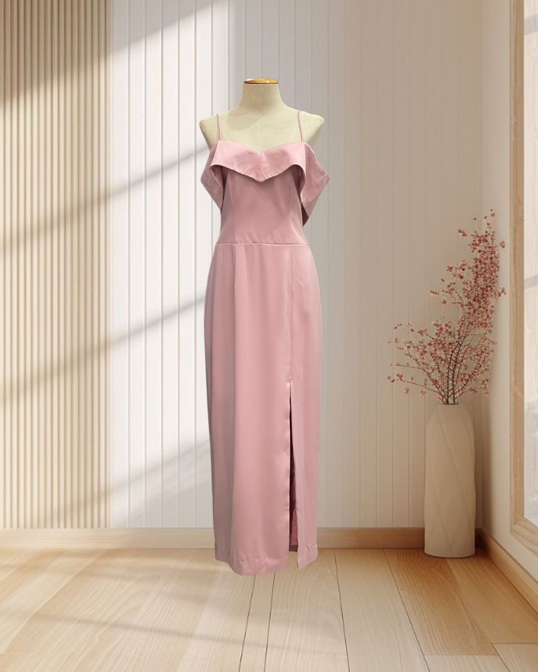 (PRE-LOVED) ราตรียาวสีชมพู สายเดี่ยวปาดไหล่ ไซส์ XL