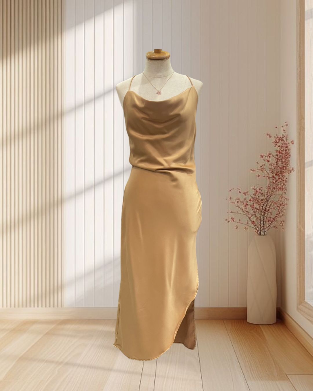 ราตรีสั้นสีทอง สายเดี่ยวคอถ่วง สายไขว้ เว้าหลัง ไซส์ M