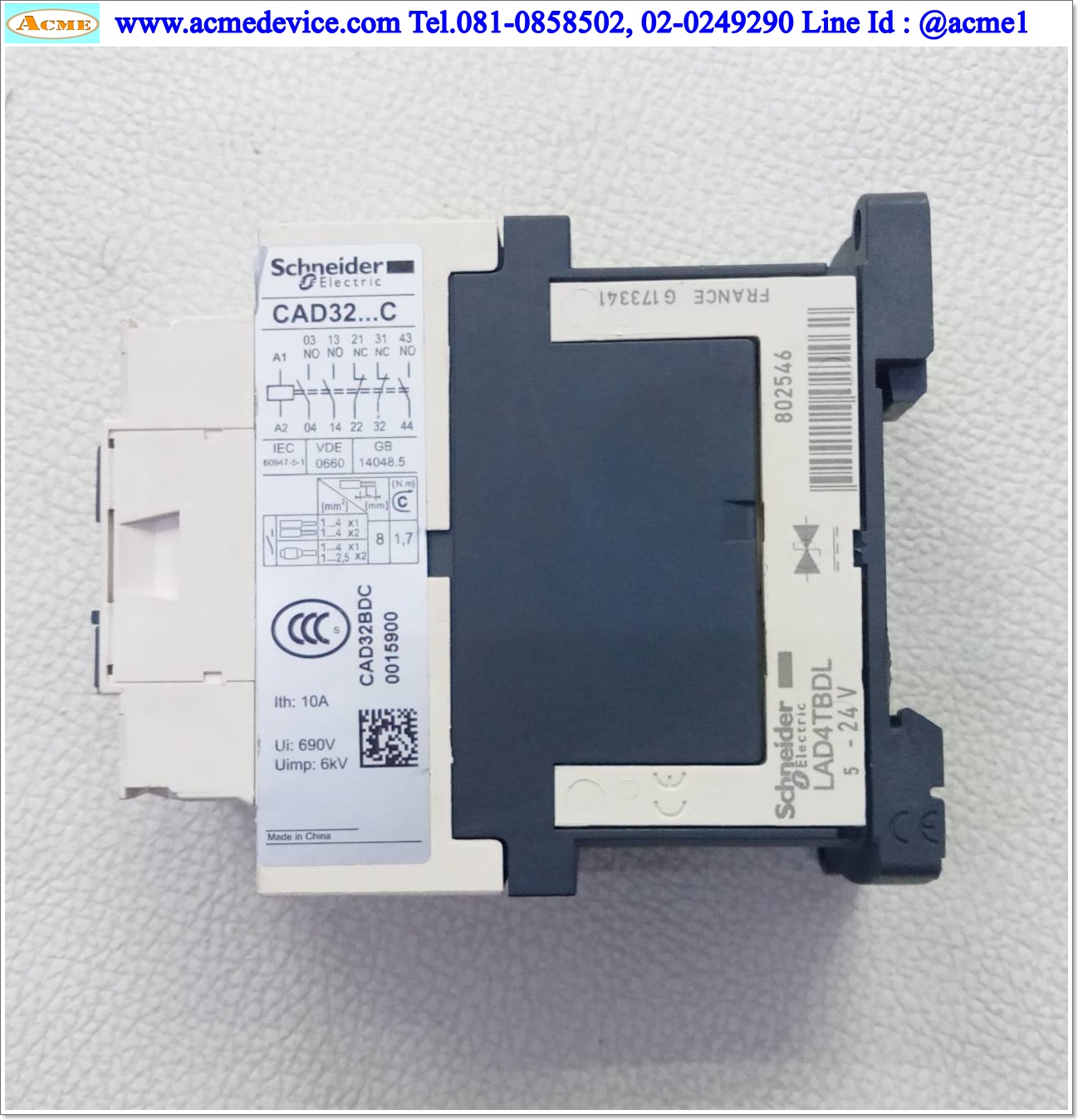 Control Relay Schneider รุ่น CAD32BD + LADN40C, 10A, Coil 24Vdc (หน้าขาว)