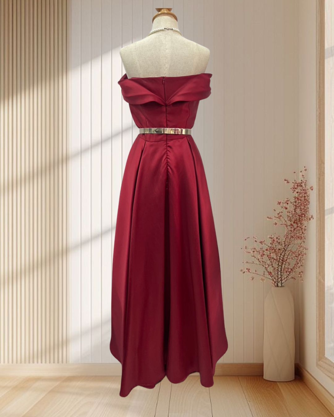 (PRE-LOVED) ชุดราตรียาวสีแดงปาดไหล่+เข็มขัดโบว์ ไซส์S