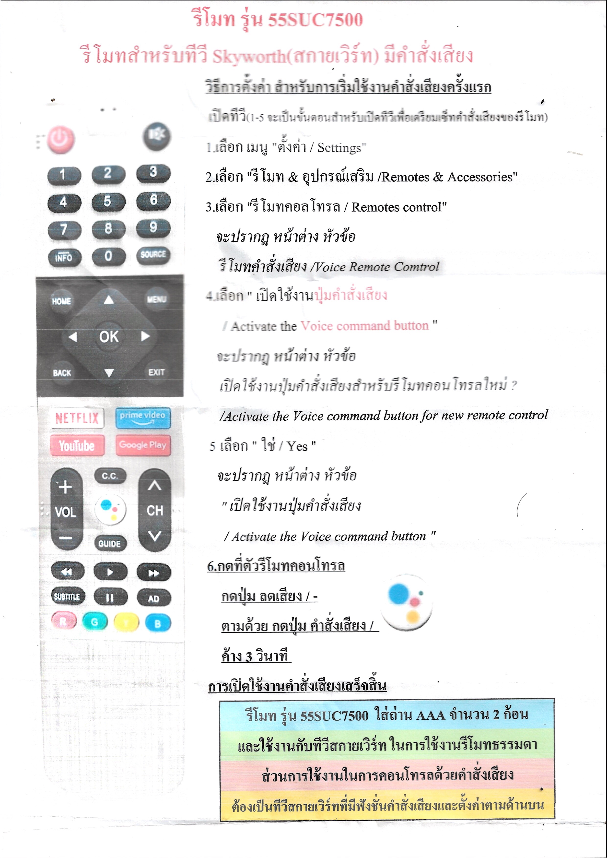 รีโมททีวี สกายเวิร์ท Skyworth ใช้กับ Smart TV รุ่นที่มีคำสั่งเสียง