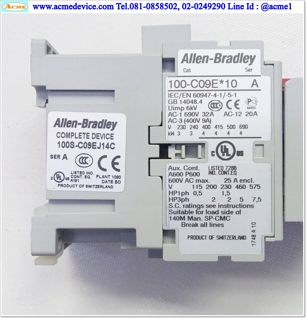 Magnetic Contactor Allen-Bradley รุ่น 100-C09E*10 ,100S-F Contactor, Current Rating 9A (AC-3), Coil 24Vdc