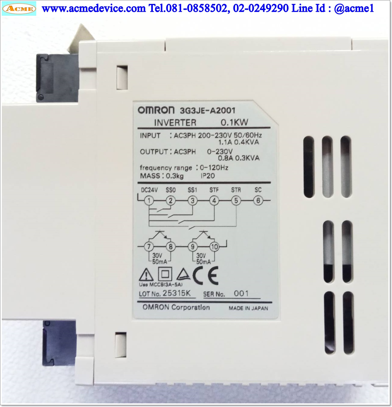 Inverter Omron รุ่น 3G3JE-A2001, 0.1kW, Input 3PH 220Vac, Output 3PH 0.6A, 100W