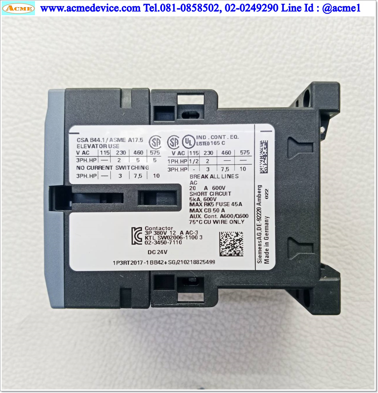 Magnetic Contactor Siemens รุ่น 3RT2017-1BB42 & 3RT2916-1EH00, Current Rating 12A, Coil 24 Vdc