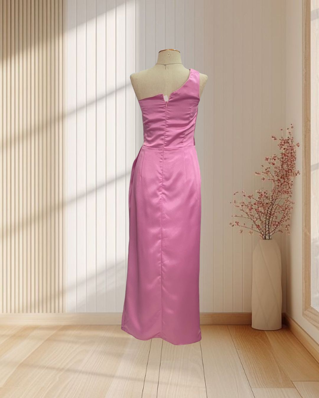 (PRE-LOVED) ราตรียาวสีชมพู บ่าเฉียง แต่งระบายเอว ไซส์ S