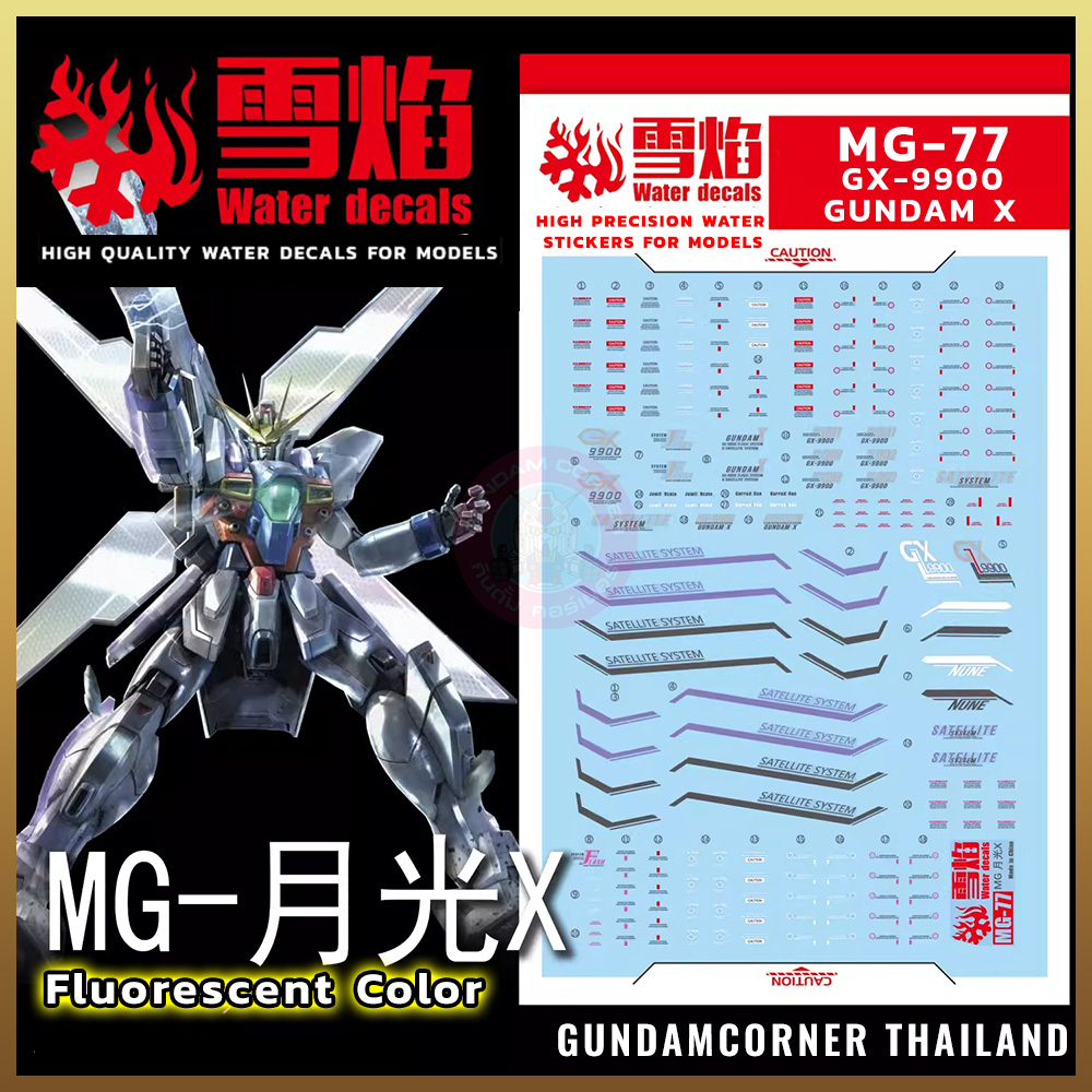 ดีคอลน้ำ MG GUNDAM X MG-77 Water Decal Fluorescent color สติ๊กเกอร์น้ำสะท้อนแสงเมื่อส่องด้วย UV Blacklight