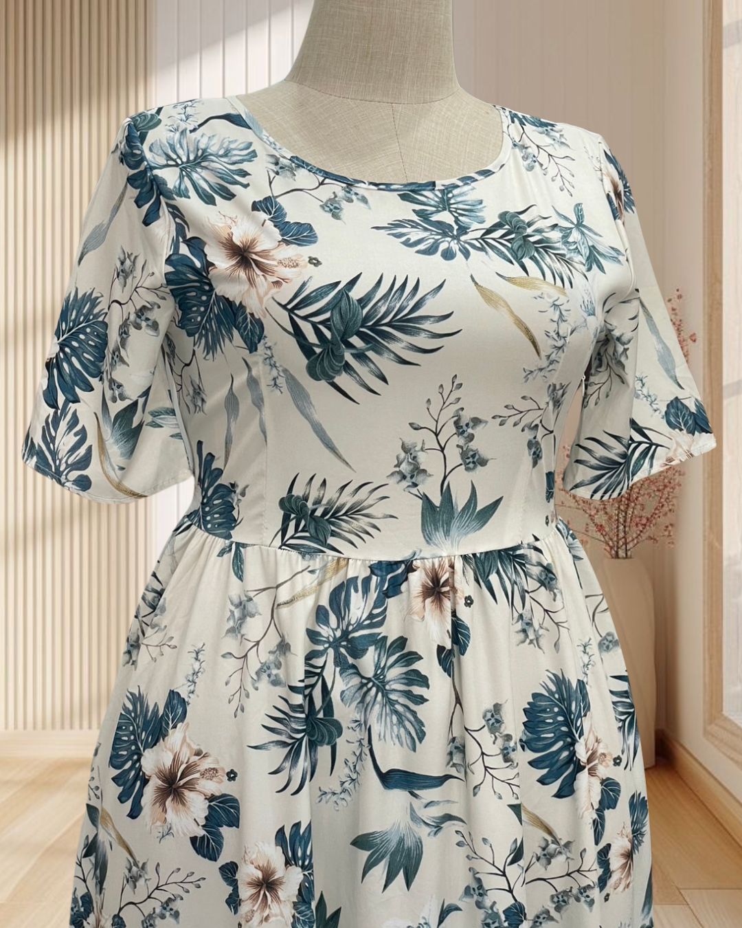 เดรสยาว สีครีม ลายฮาวาย มีแขน จีบเอว ไซส์ 2XL