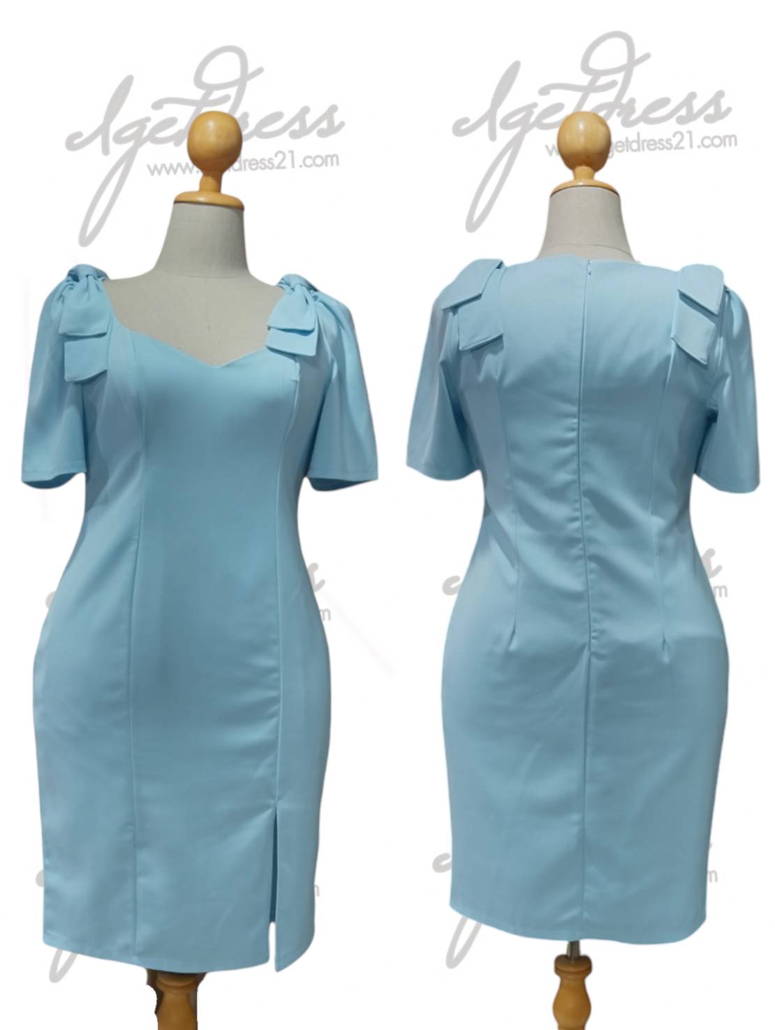 (PRE-LOVED) ชุดราตรีสั้น แขนสั้น โบว์ใหญ่ 2ข้าง ผ้าฮานาโกะ2XL