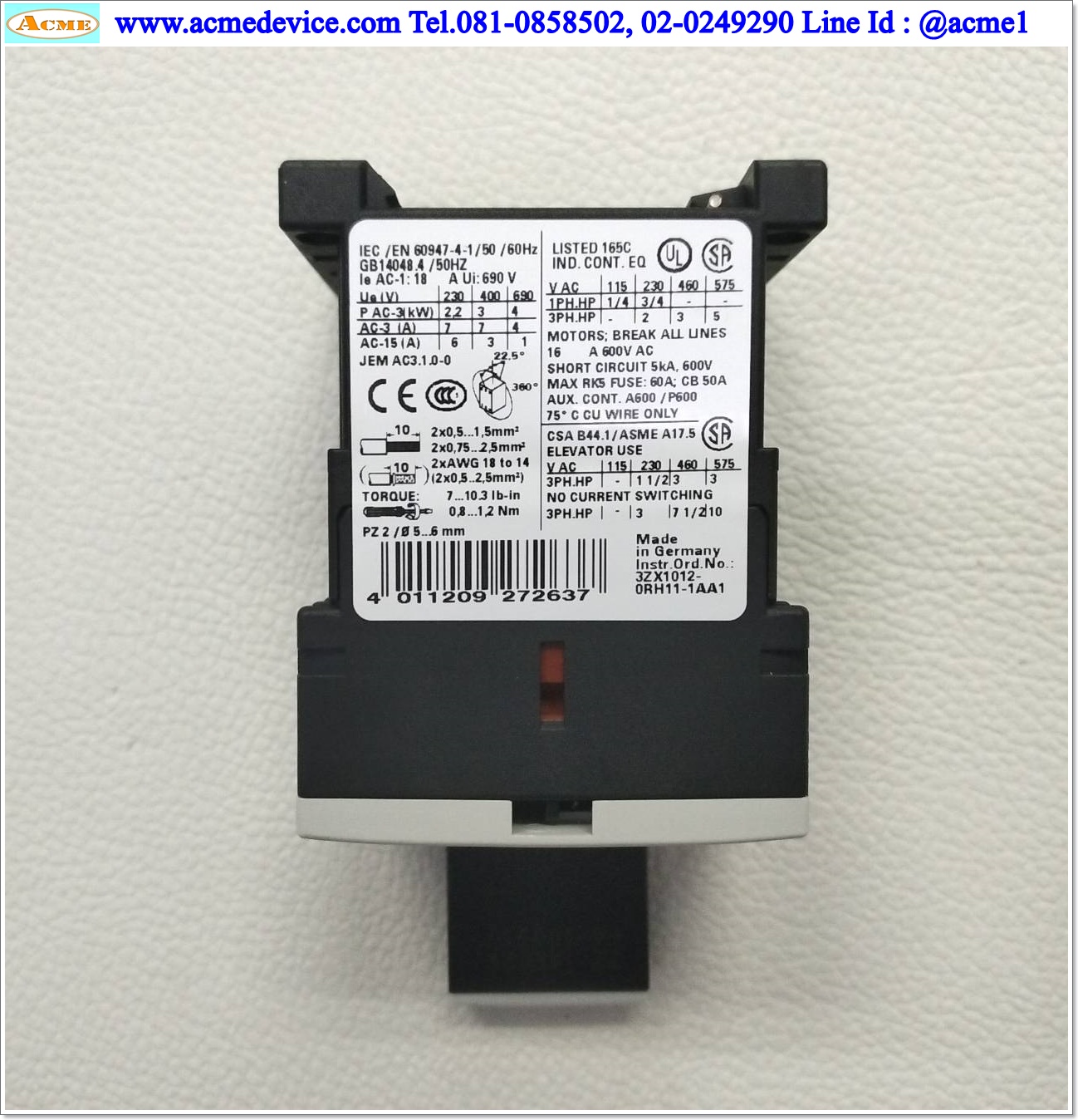 Magnetic Contactor Siemens รุ่น 3RT1015-1KB42 + 3RT1916-1BB00 , Current Rating 7A, Coil 24Vdc