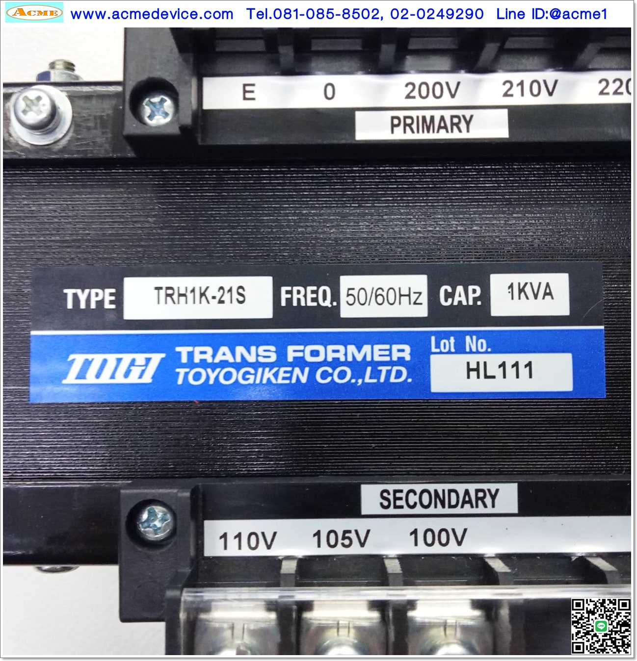 Transformer Toyogiken รุ่น TRH1K-21S, 220/110V, CAP 1KVA, Isolation