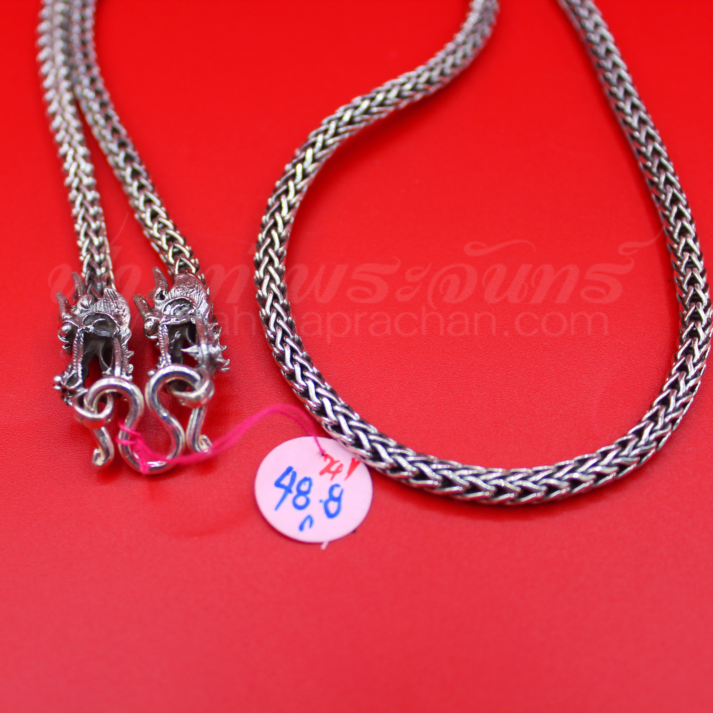 สร้อยคอเงินแท้ 92.5 ลายสี่เสากลม หัวมังกร รมดำ