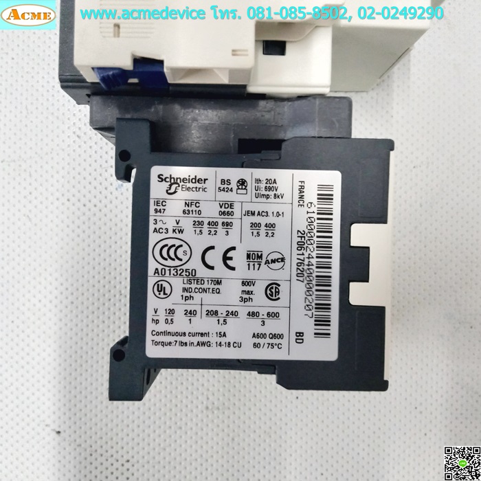 Motor Circuit Breaker Telemecanique รุ่น GV2-P03, Current Rating 0.25-0.4A, 690V, 6kV, 3Poles, + GVAD1001 พร้อม Magnetic Contactor Telemecanique รุ่น LP1K0610BD , Current Rating 6A, Coil 24Vdc