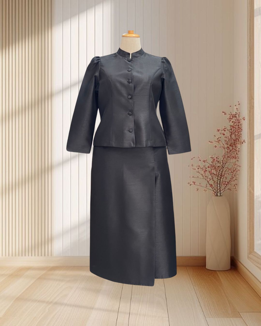 ชุดไทยจิตรลดา สีดำ ผ้าไหม ไซส์ 3XL