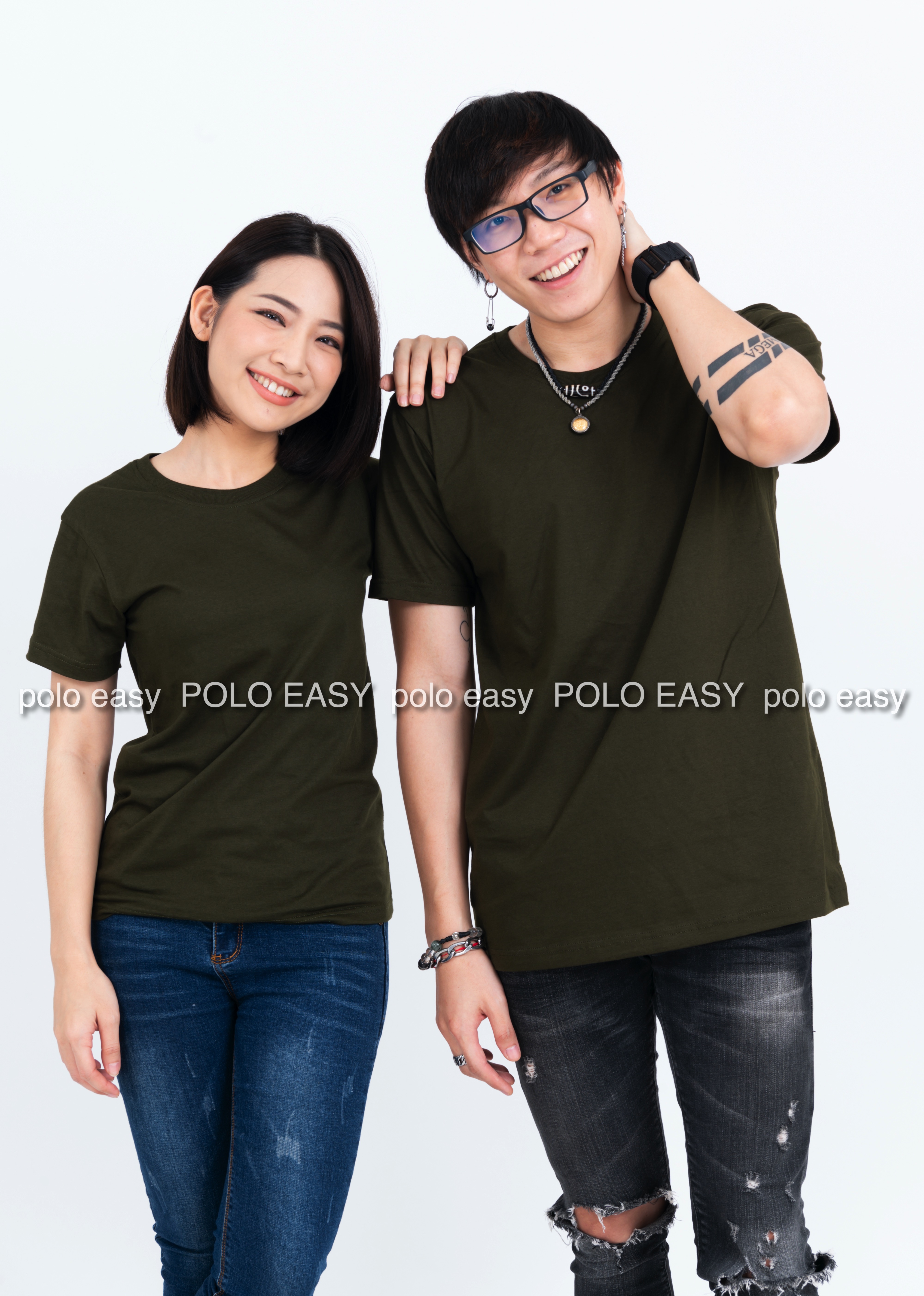 2XL เสื้อยืด สีเขียวขี้ม้า คอกลม แขนสั้น Size 2XL