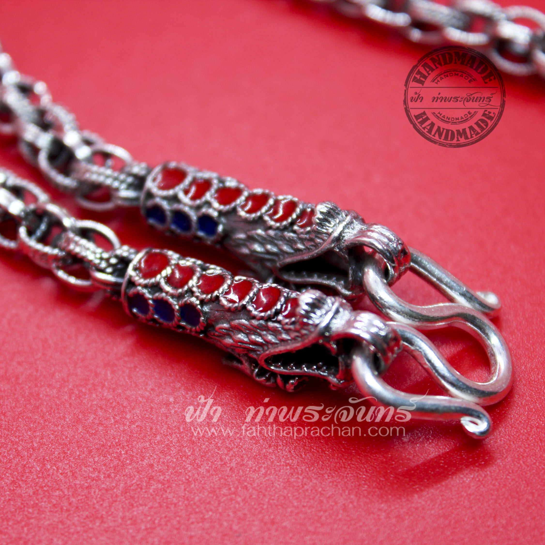 สร้อยคอเงินแท้ 92.5% ลายเกลียวเชือก หัวมังกร รมดำ ลงยา แบบ 3 ห่วง