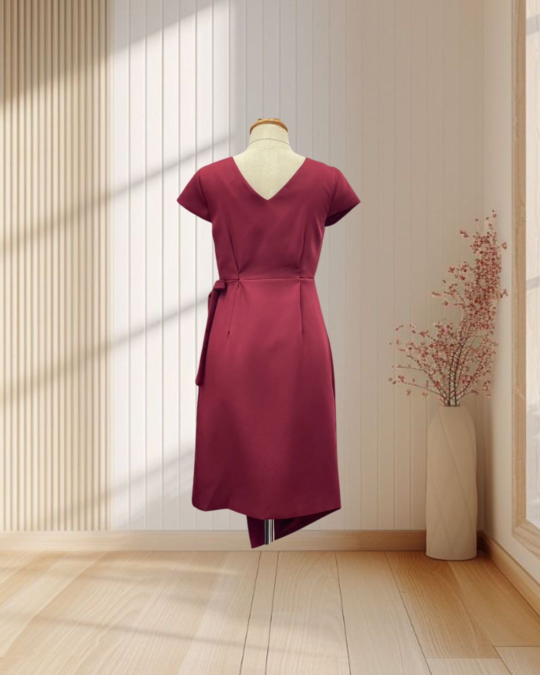 (PRE-LOVED) ราตรีสั้นสีแดง แบบคลุมผูกเอว คอวีหน้าหลัง ไซส์ S