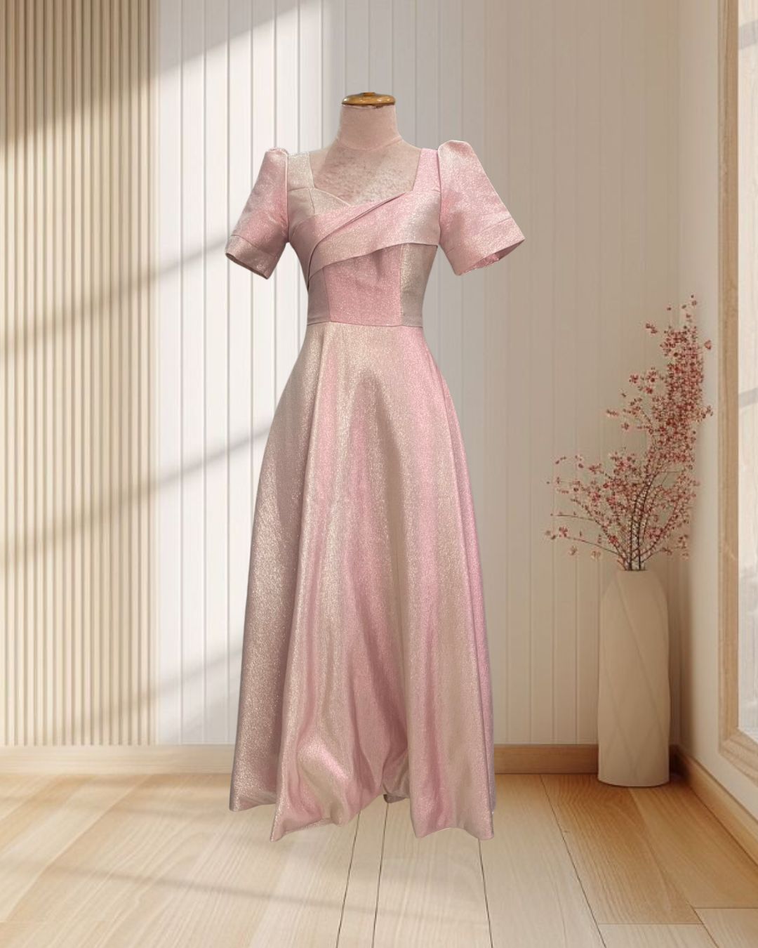 (PRE-LOVE) ราตรียาวสีชมพูกลิตเตอร์กระโปรงบาน M