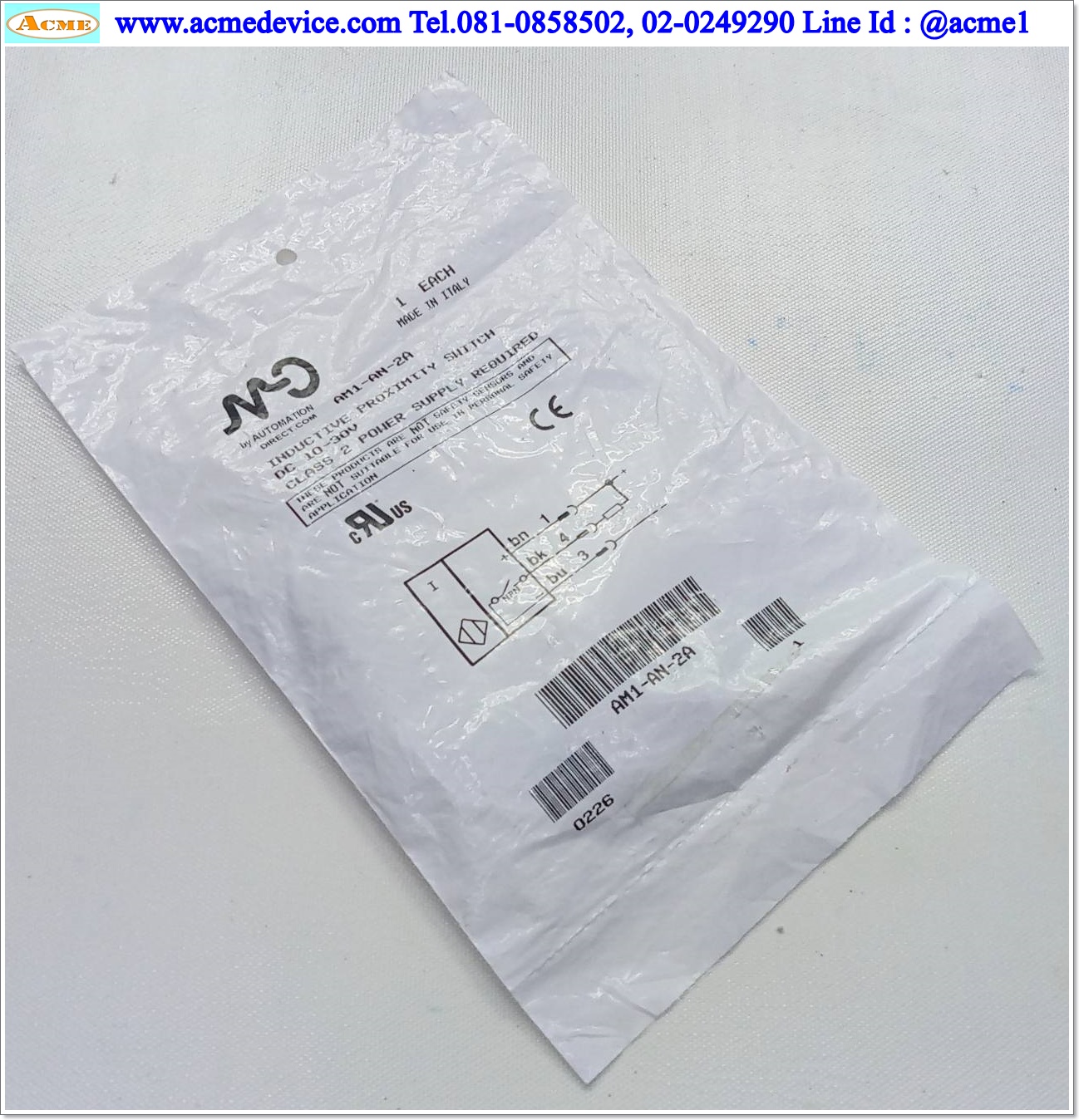 Proximity MICRO DETECTORS รุ่น AM1-AN-2A, M12, ระยะ 4mm, 3wire, NPN, NO, Unshielded, Inductive
