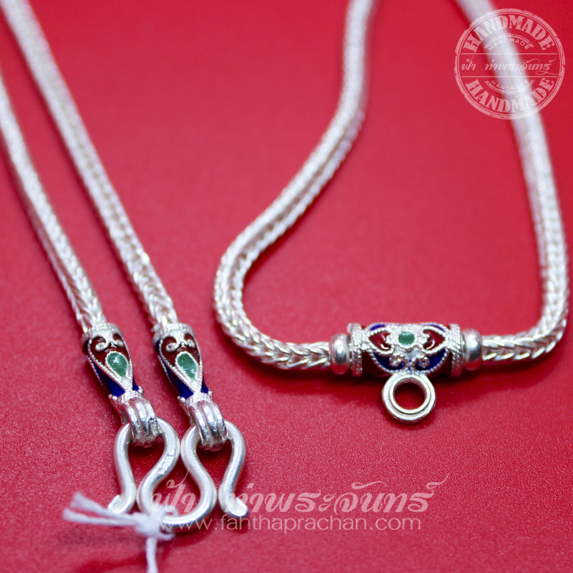 สร้อยคอเงินแท้ 92.5 ลายสี่เสา หัวจรวด ลงยา มีห่วงหลัง