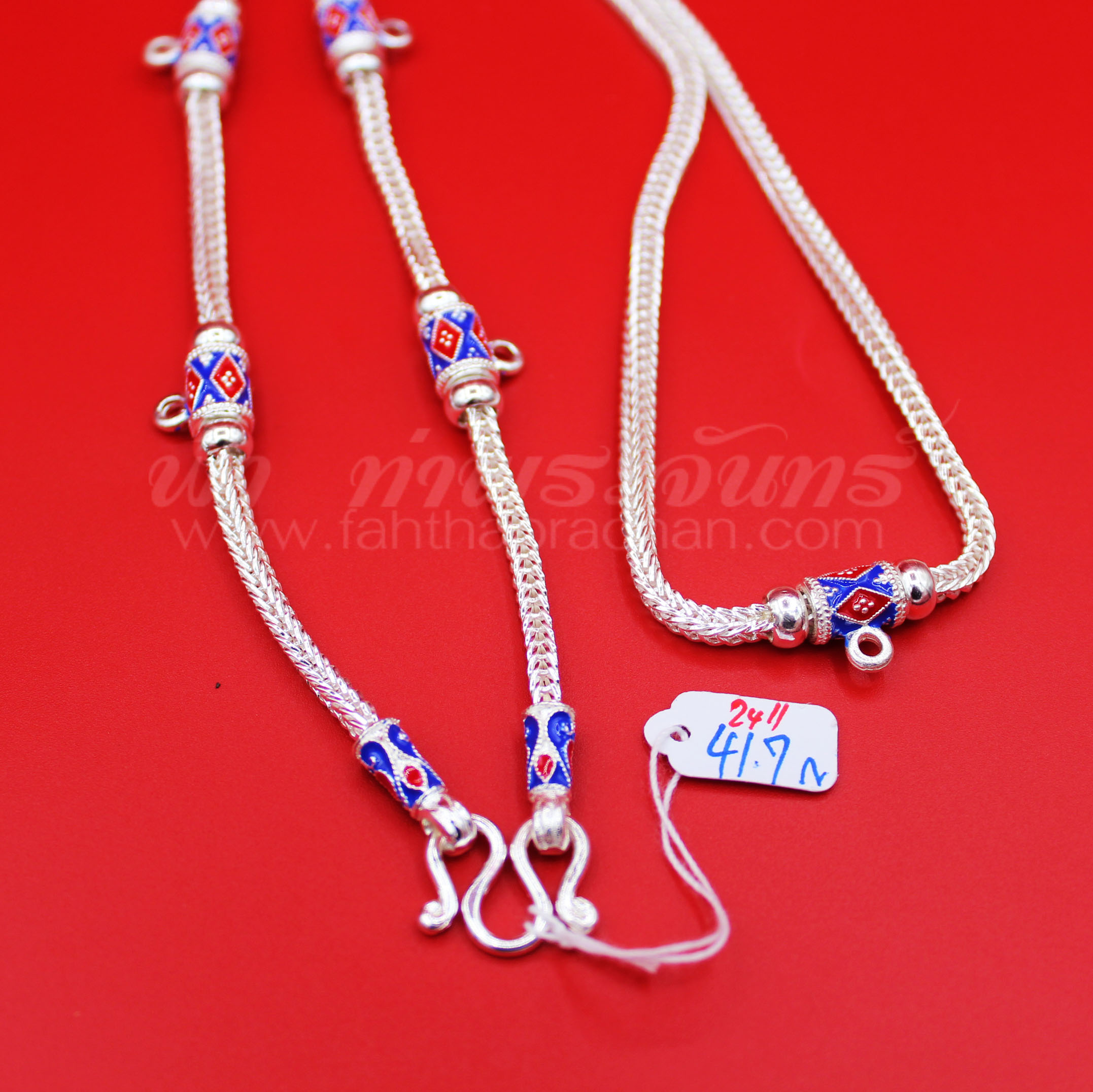 สร้อยคอเงินแท้ 92.5 ลายสี่เสา หัวจรวด ลงยา แบบ 5 ห่วง มีห่วงหลัง