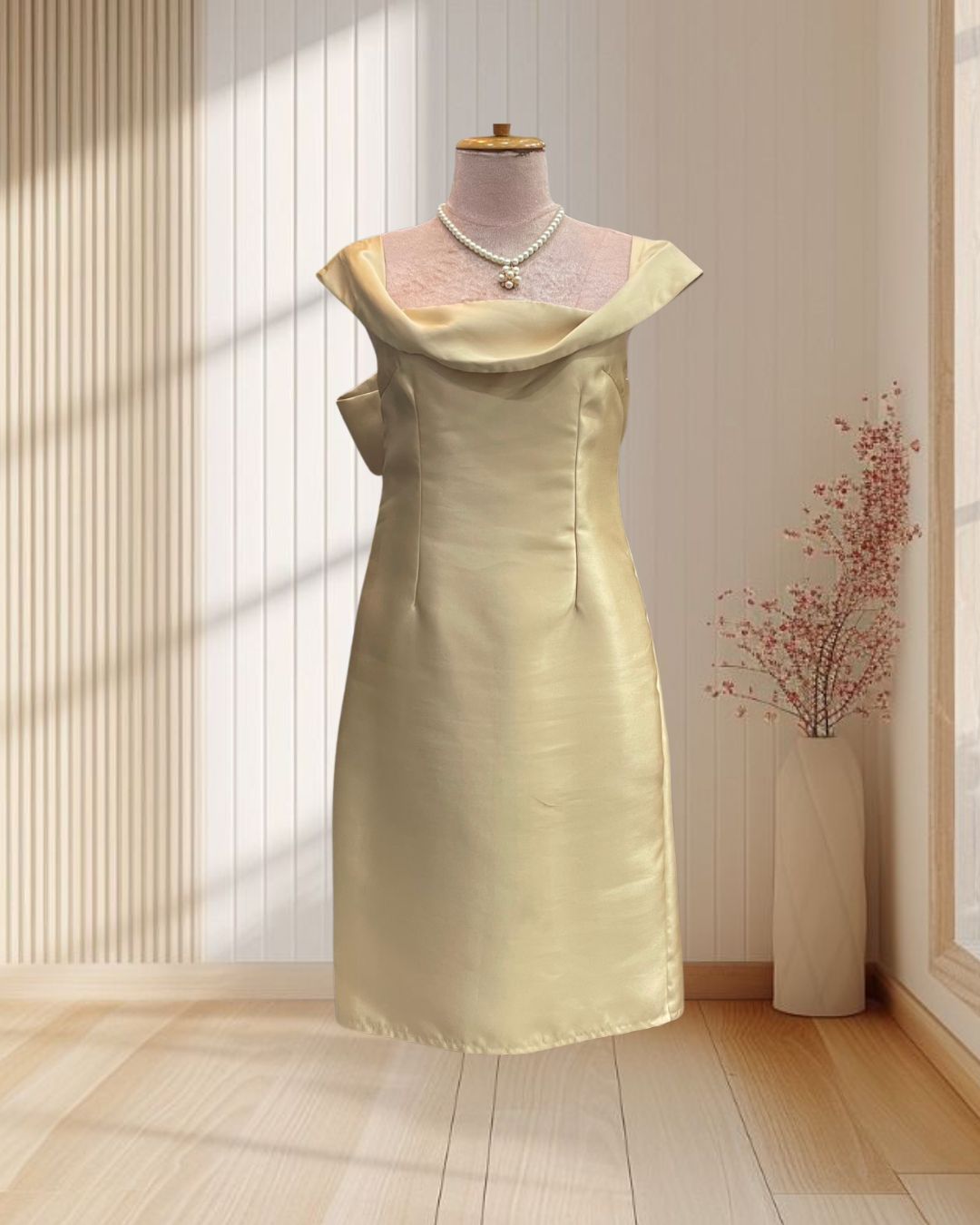 (PRE-LOVED) ราตรีสั้นสีทอง ผ้าไหมเทียม ปาดไหล่ ผูกหลัง ไซส์ M