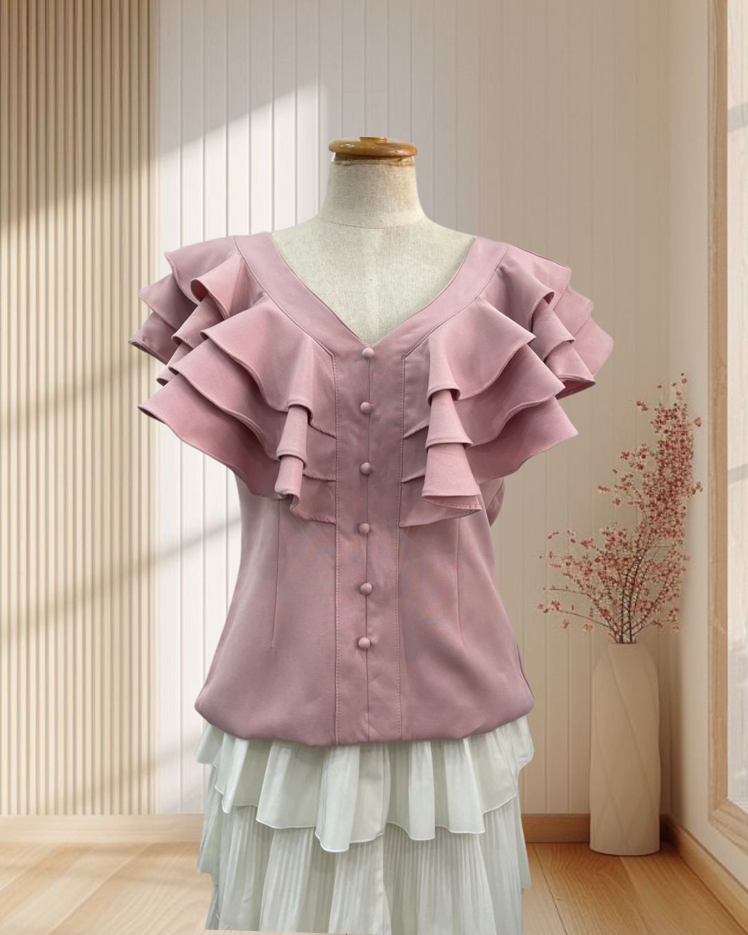 เสื้อแขนกุดสีชมพู แต่งคอปกระบายเป็นชั้นๆ ฟีลคุรนาย ไซส์ L