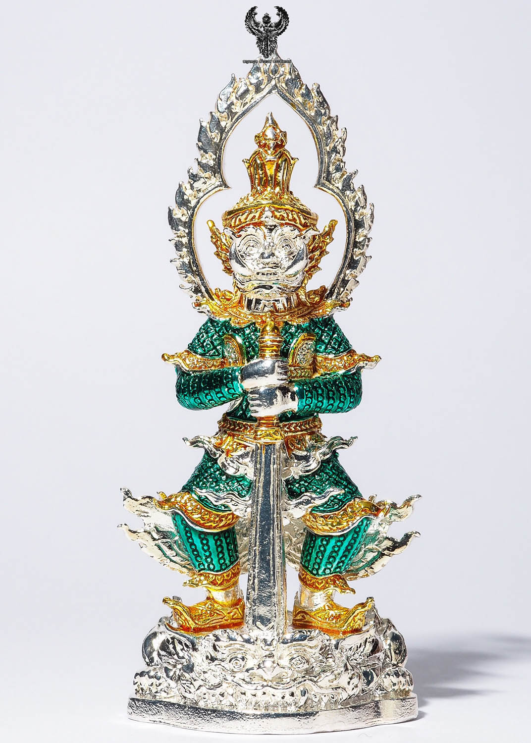 ท้าวเวสสุวรรณ. รุ่น คลังสมบัติ์ เนื้อสัมฤทธ์ชุบเงินลงยาสีเขียว