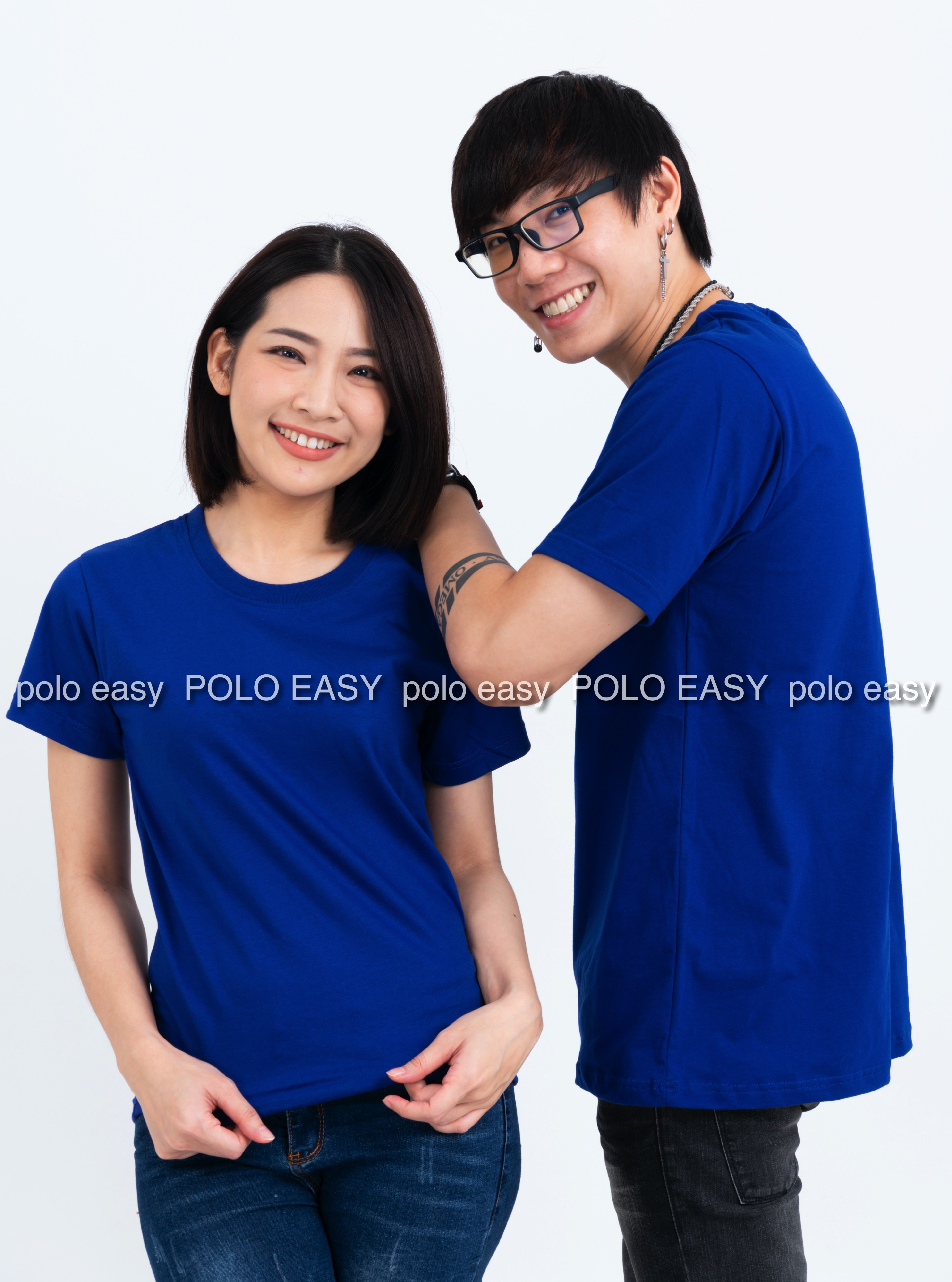 2XL เสื้อยืด สีน้ำเงิน คอกลม แขนสั้น Size 2XL