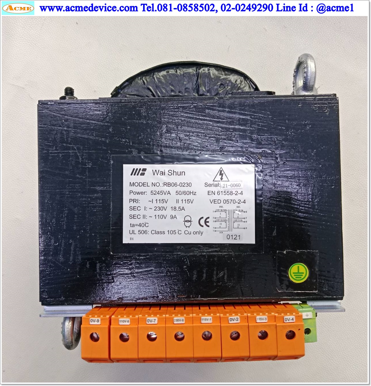 Transformer Wai Shun รุ่น RB06-0230, Pri 115V, Sec I 230V, II 110V, 5245VA, Isolation