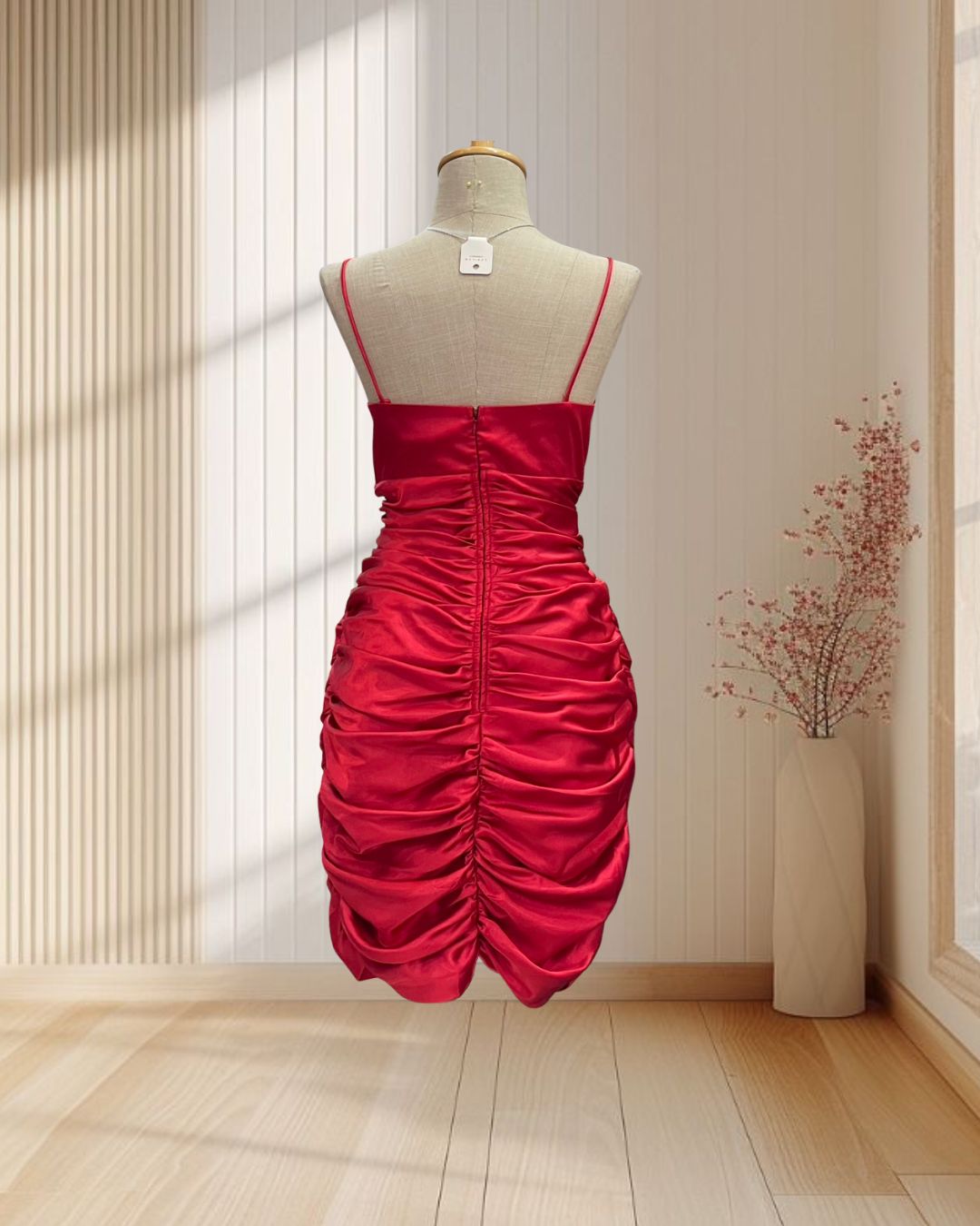 ราตรีสั้นสีแดง สายเดี่ยว ผ้าซาติน จับจีบด้านข้าง เซ็กซี่