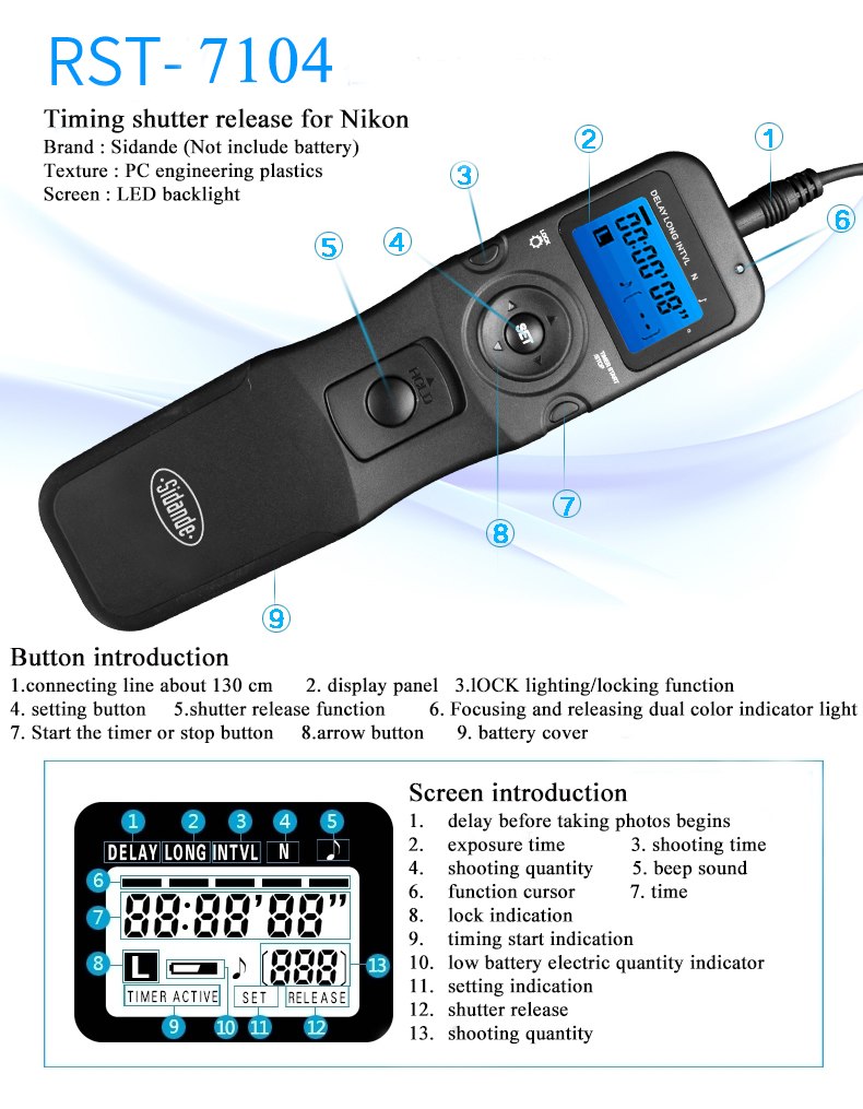 รีโมทชัตเตอร์ ยี่ห้อ Sidande รุ่น RST7100 (สายลั่นชัตเตอร์) ใช้สำหรับกล้อง Canon Nikon Sony Samsung Pentax etc ราคาถูก
