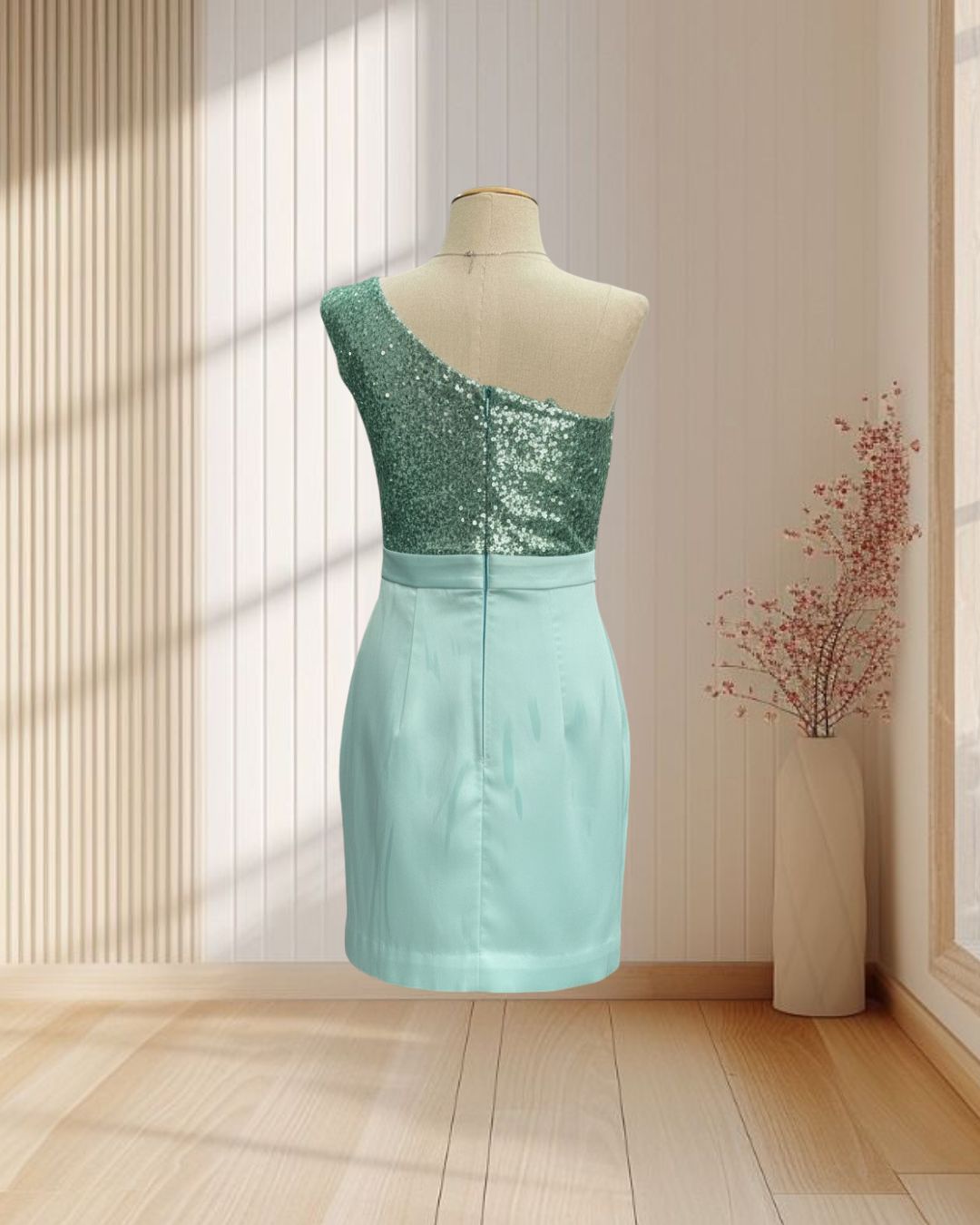 (PRE-LOVED) ราตรีสั้นสีเขียวมิ้นท์ ปักเลื่อมบ่าเฉียง ไซส์ XS