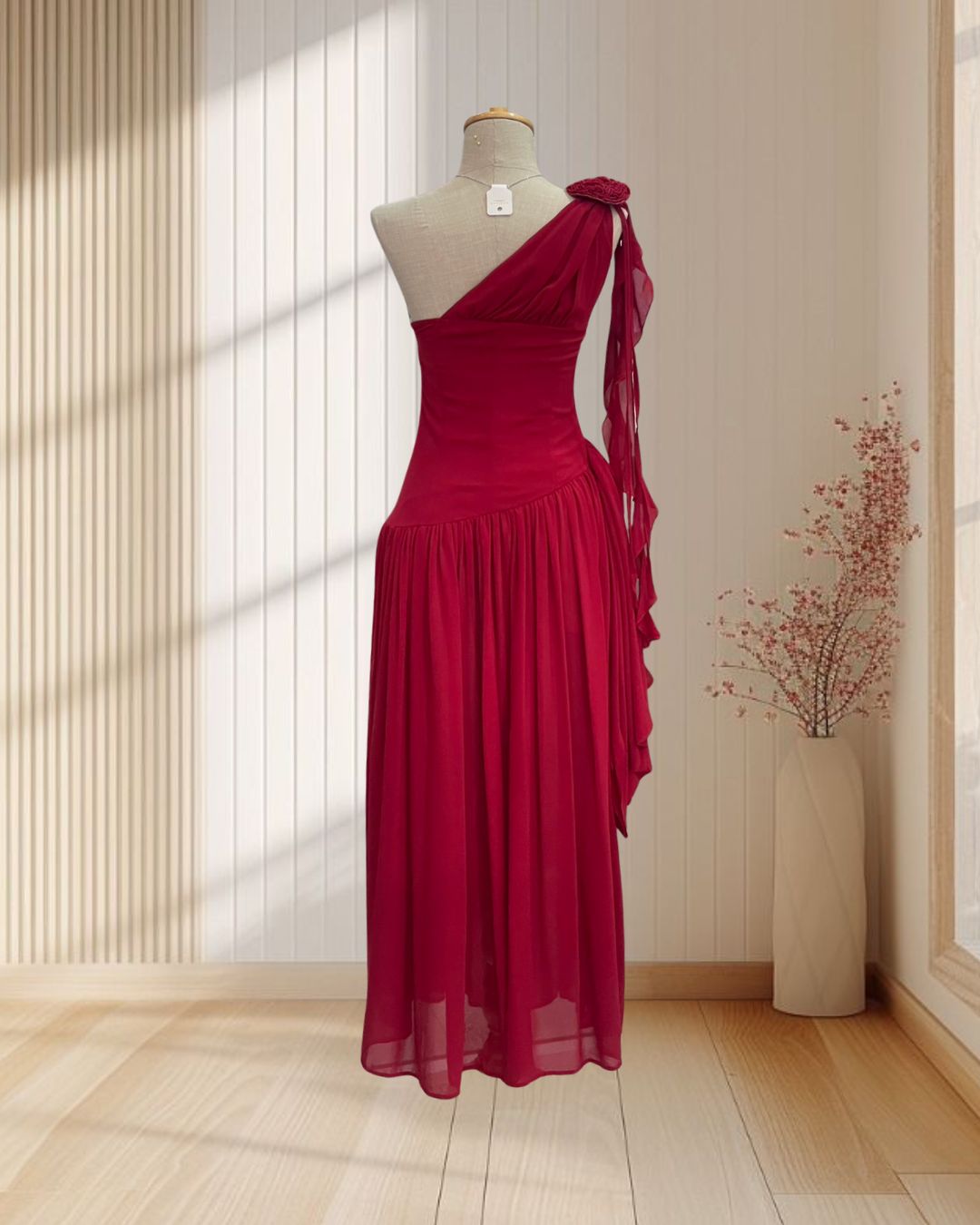 (PRE-LOVED) ราตรียาวสีแดง บ่าเฉียง ผ้าชีฟอง แต่งริ้วระบาย ไซส์ S