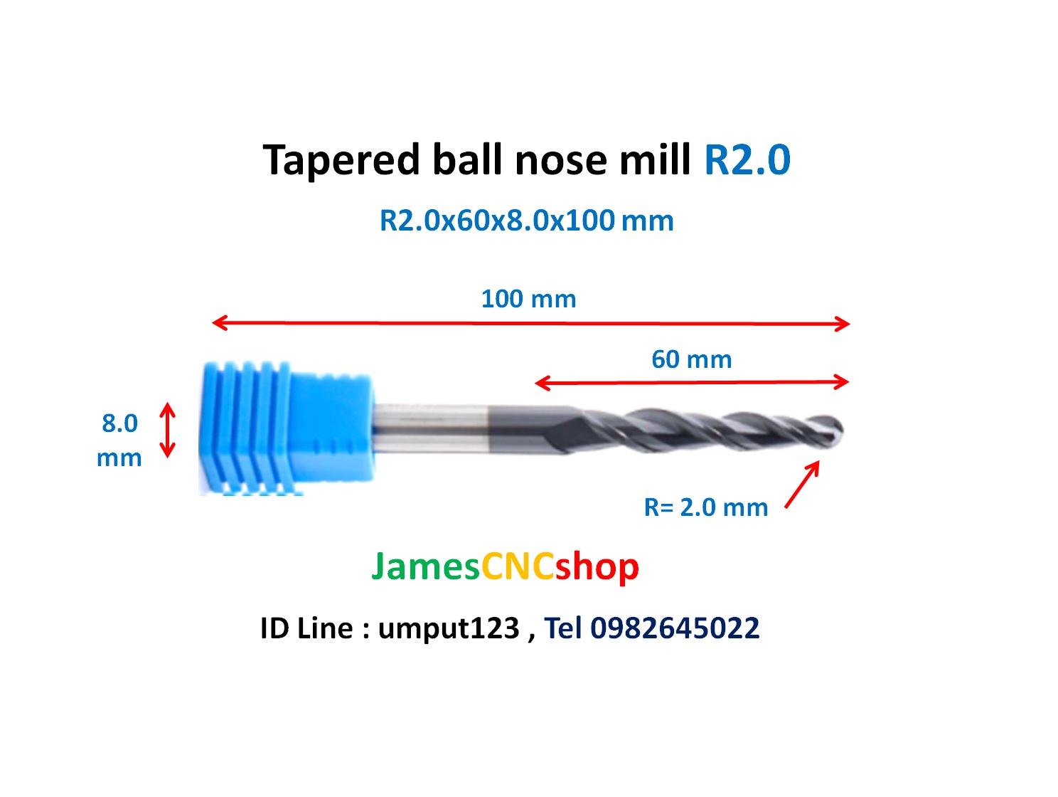 R2.0x60xD8x100 mm Tapered ball nose end mill TiAlN Carbide coat