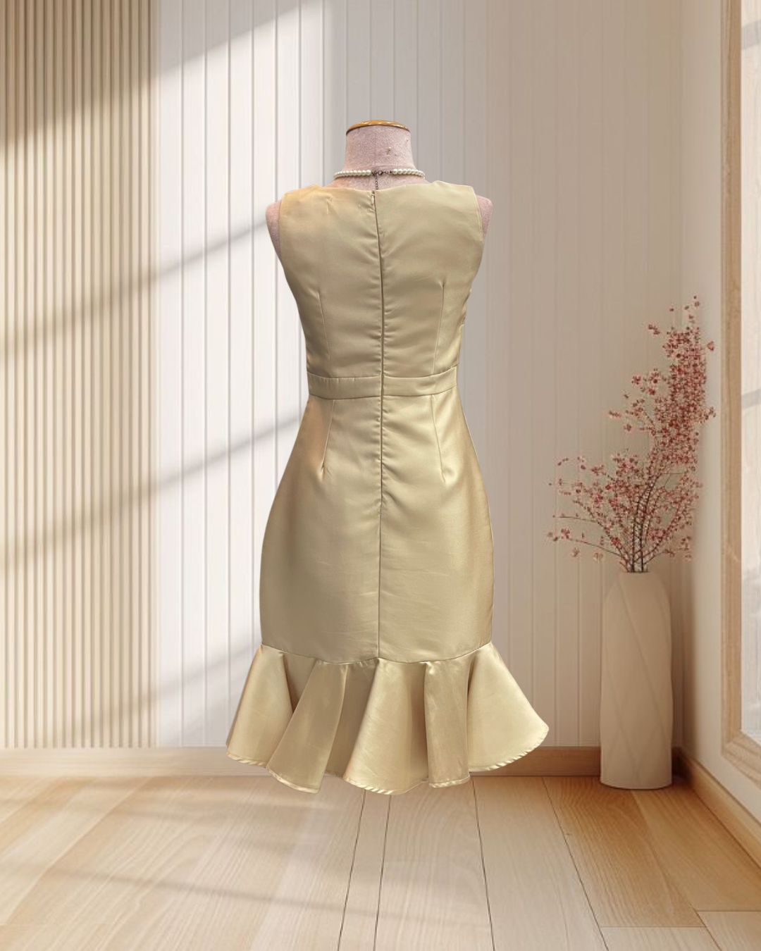 (PRE-LOVED) ราตรีสั้นสีทอง ผ้าไหมเทียม หางปลาคอวี ไซส์ S