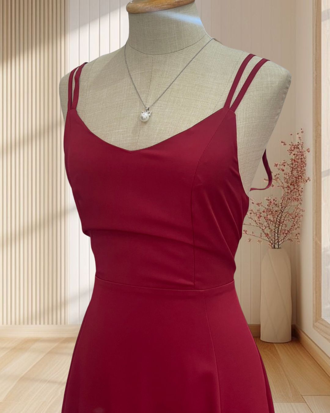 (PRE-LOVED) ราตรียาวสีแดง สายเดี่ยวไขว้ด้านหลัง กระโปรงบาน ไซส์ S