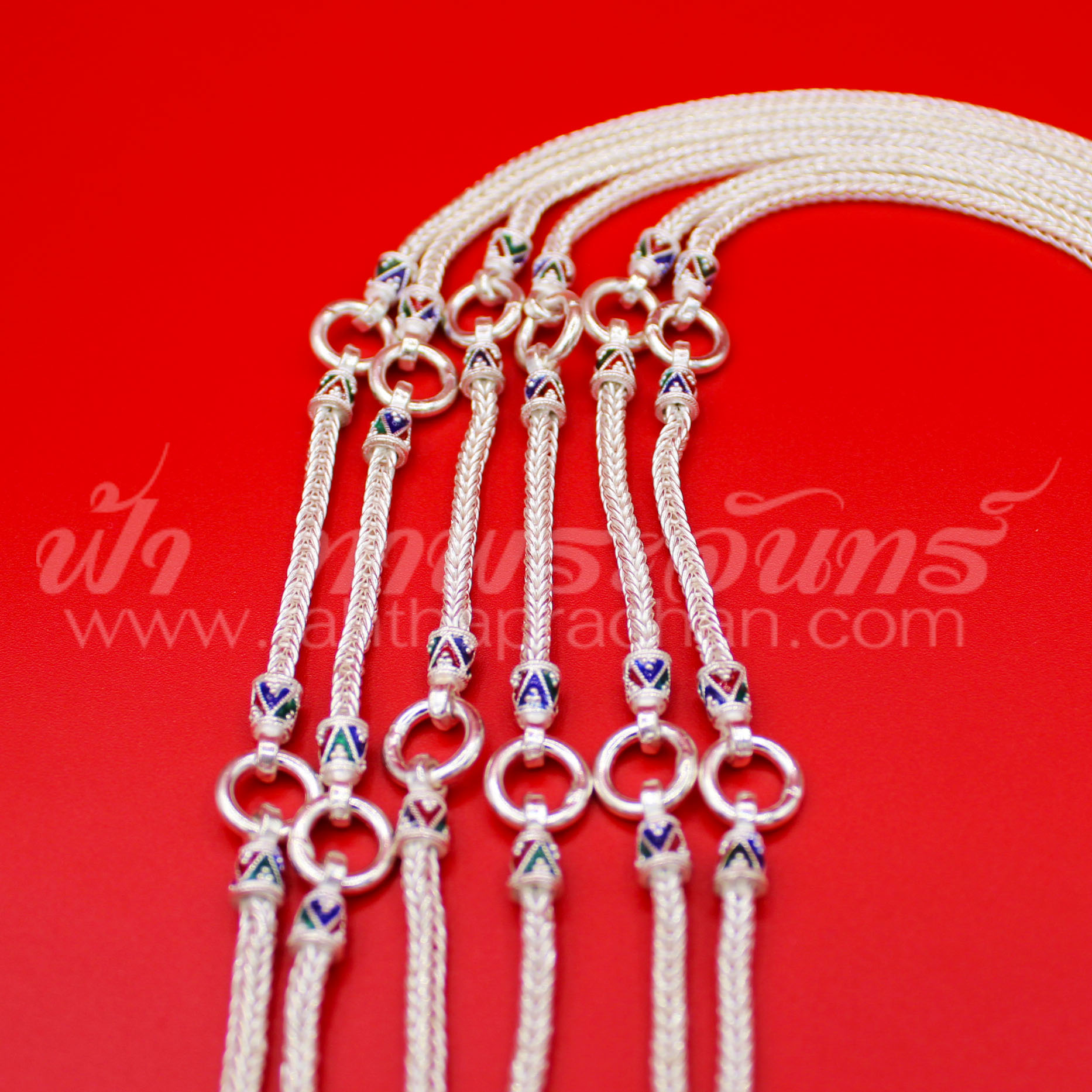 สร้อยคอเงินแท้ 92.5 ลายสี่เสาหัวมังกร ลงยา แบบ 5 ห่วง มีห่วงหลัง